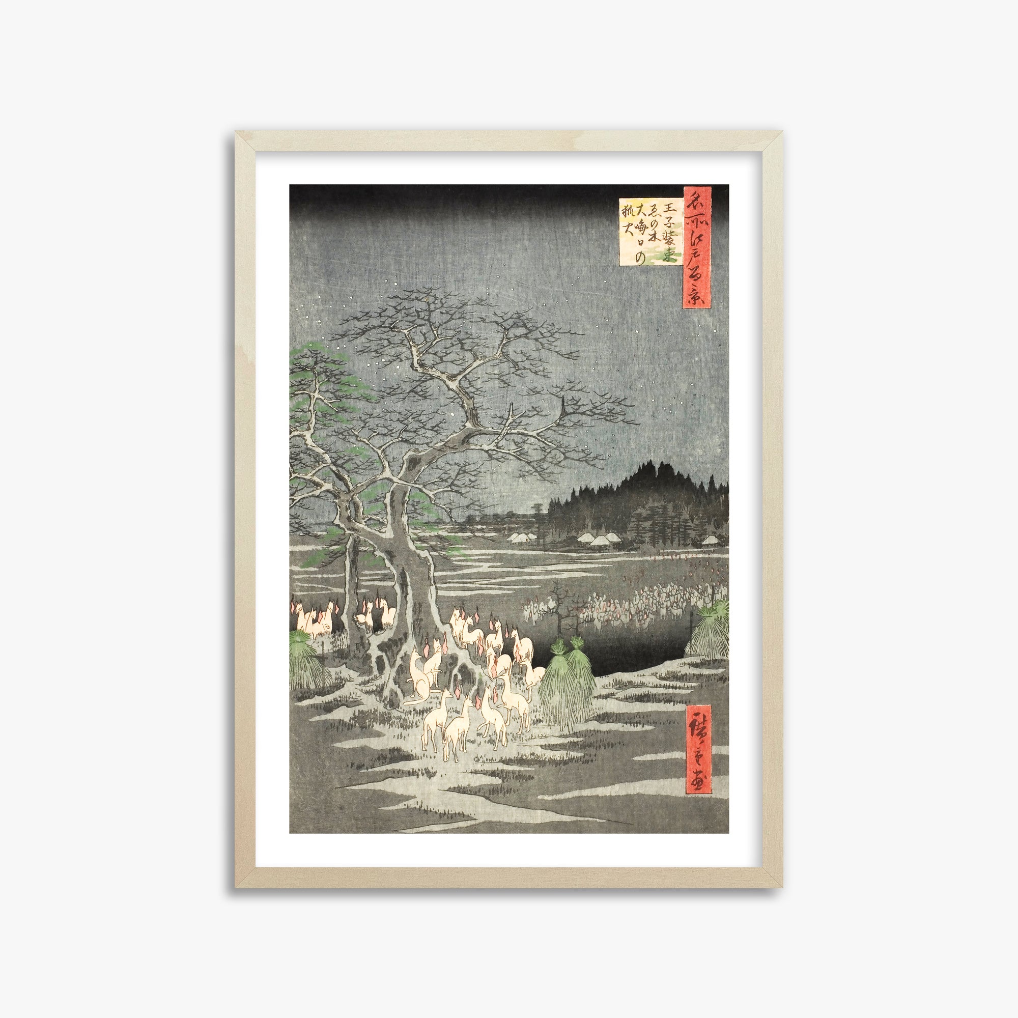 Utagawa Hiroshige: Fox Fires on New Year’s Eve at the Changing Tree in Oji, 50x70cm Framed Art Reproduction With Lime Wood Frame