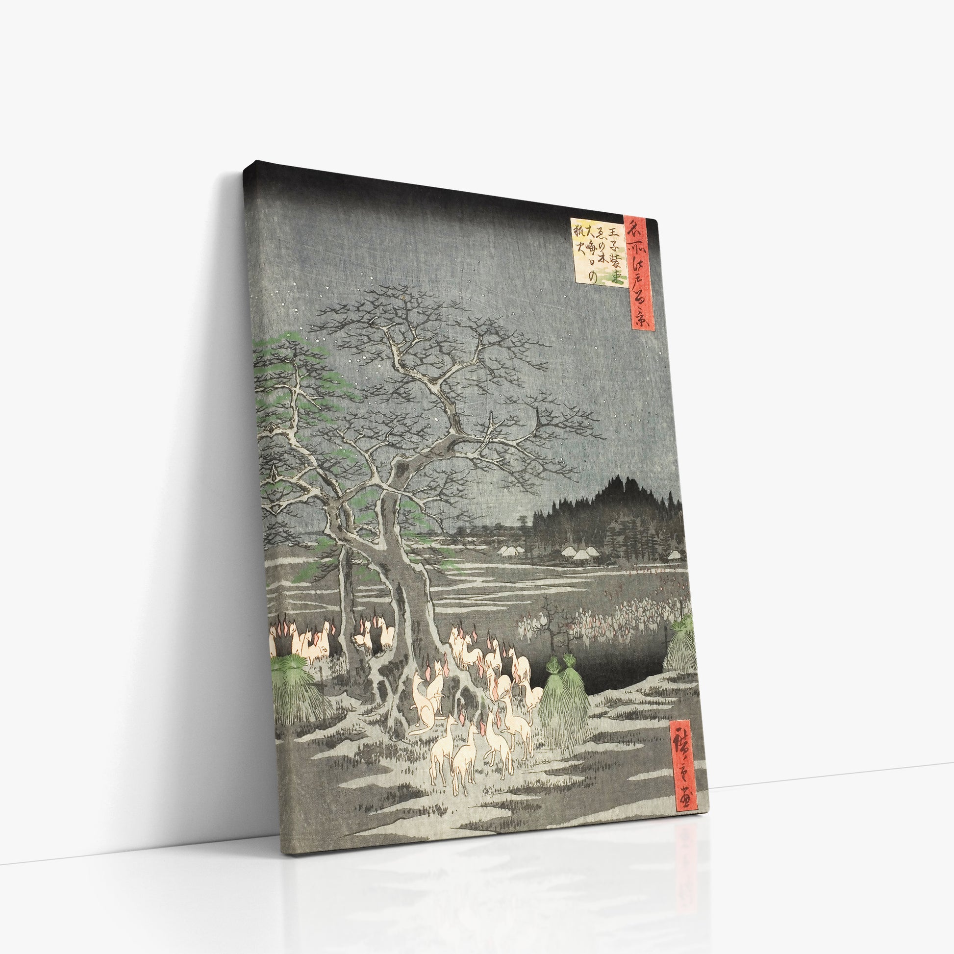 Utagawa Hiroshige: Fox Fires on New Year’s Eve at the Changing Tree in Oji, 50x70cm Satin Canvas Art Reproduction Left Angle