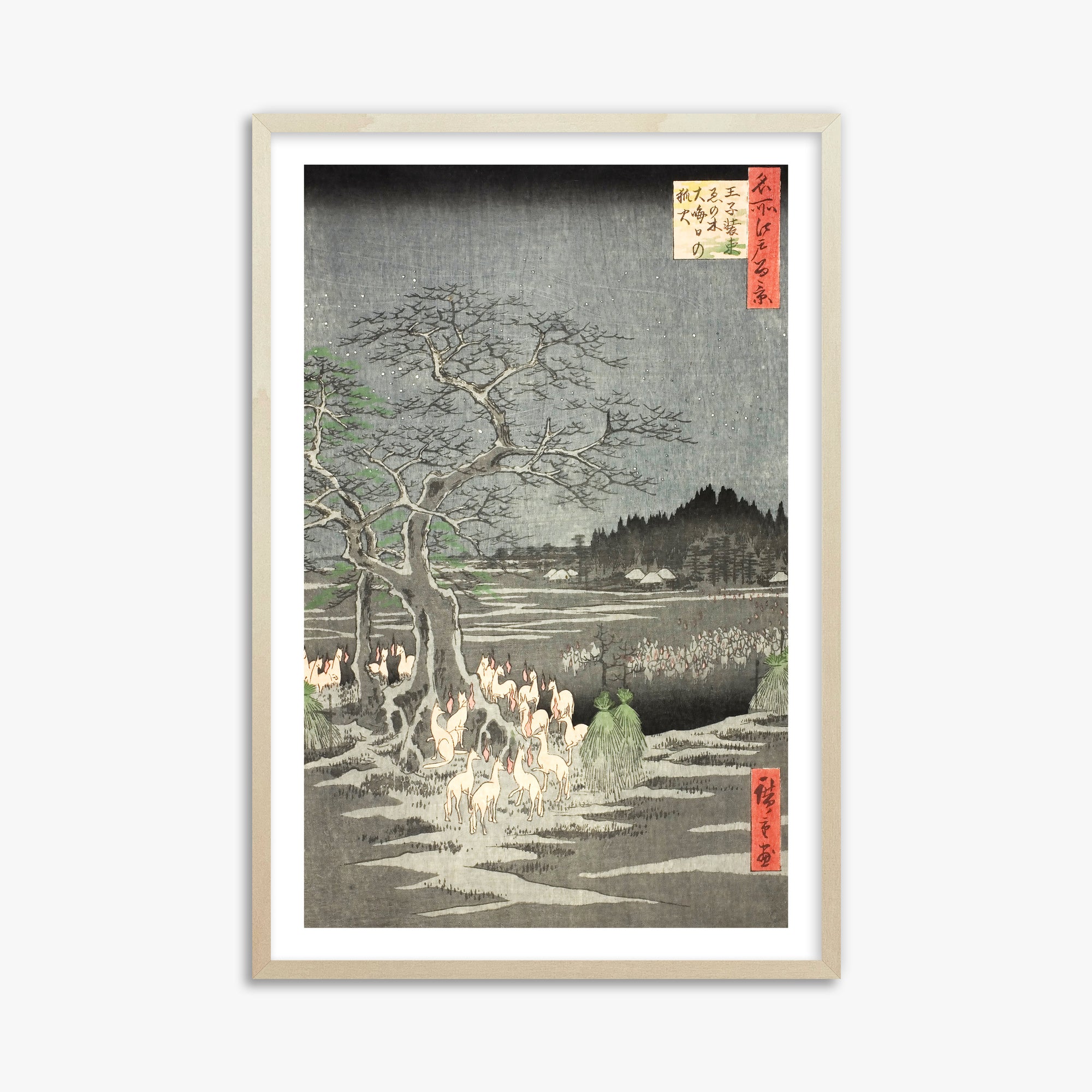 Utagawa Hiroshige: Fox Fires on New Year’s Eve at the Changing Tree in Oji, 61x91cm Framed Art Reproduction With Lime Wood Frame