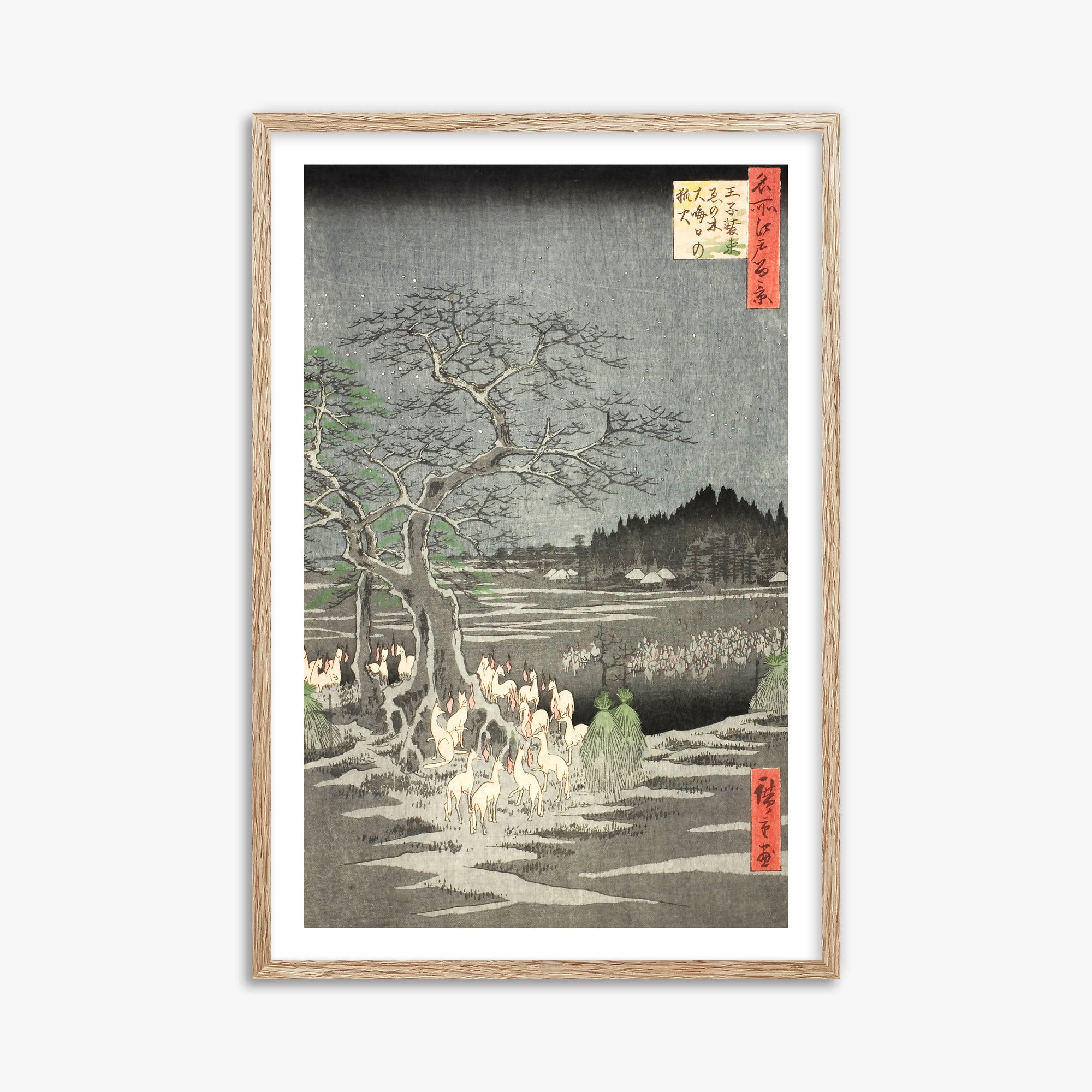Utagawa Hiroshige: Fox Fires on New Year’s Eve at the Changing Tree in Oji, 61x91cm Framed Art Reproduction With Raw Oak Frame