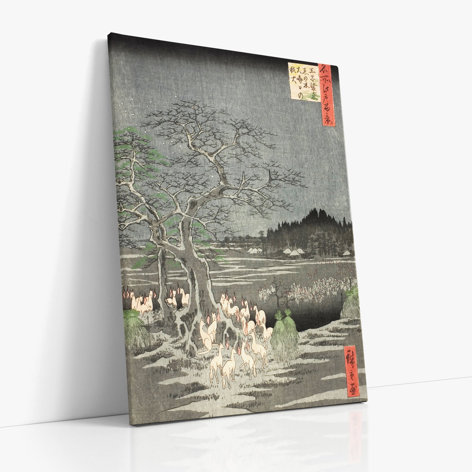Utagawa Hiroshige: Fox Fires on New Year’s Eve at the Changing Tree in Oji, 70x100cm Satin Canvas Art Reproduction Left Angle