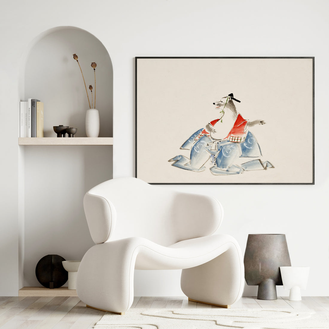 Utagawa Hiroshige: Tanuki (from the Album of Ichiryusai Hiroshige`s Sketches), 50x70cm Framed Art Reproduction With Black Frame