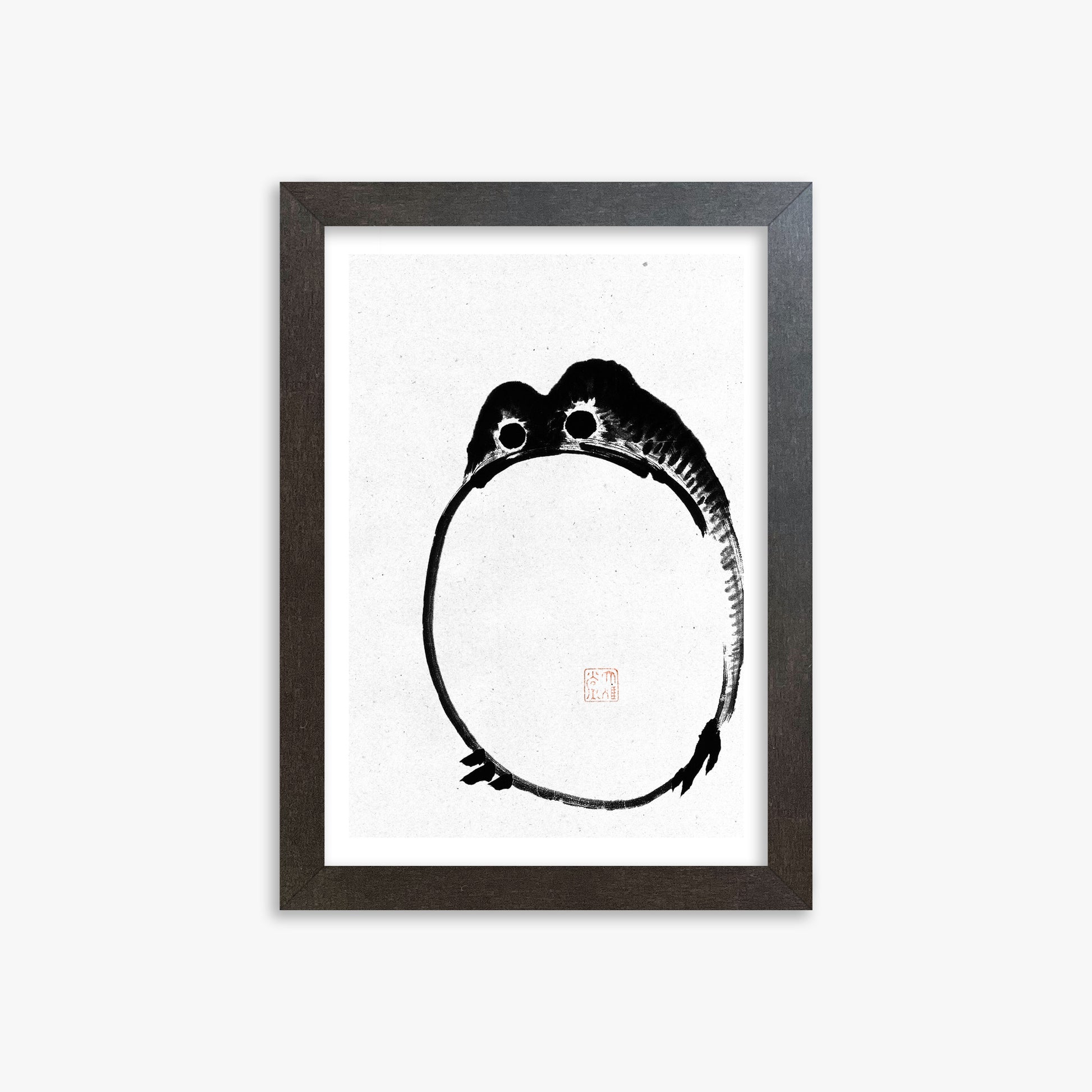 Ike no Taiga: Round Frog - Monochrome-Style, 21x30cm Framed Art Reproduction With Espresso Frame