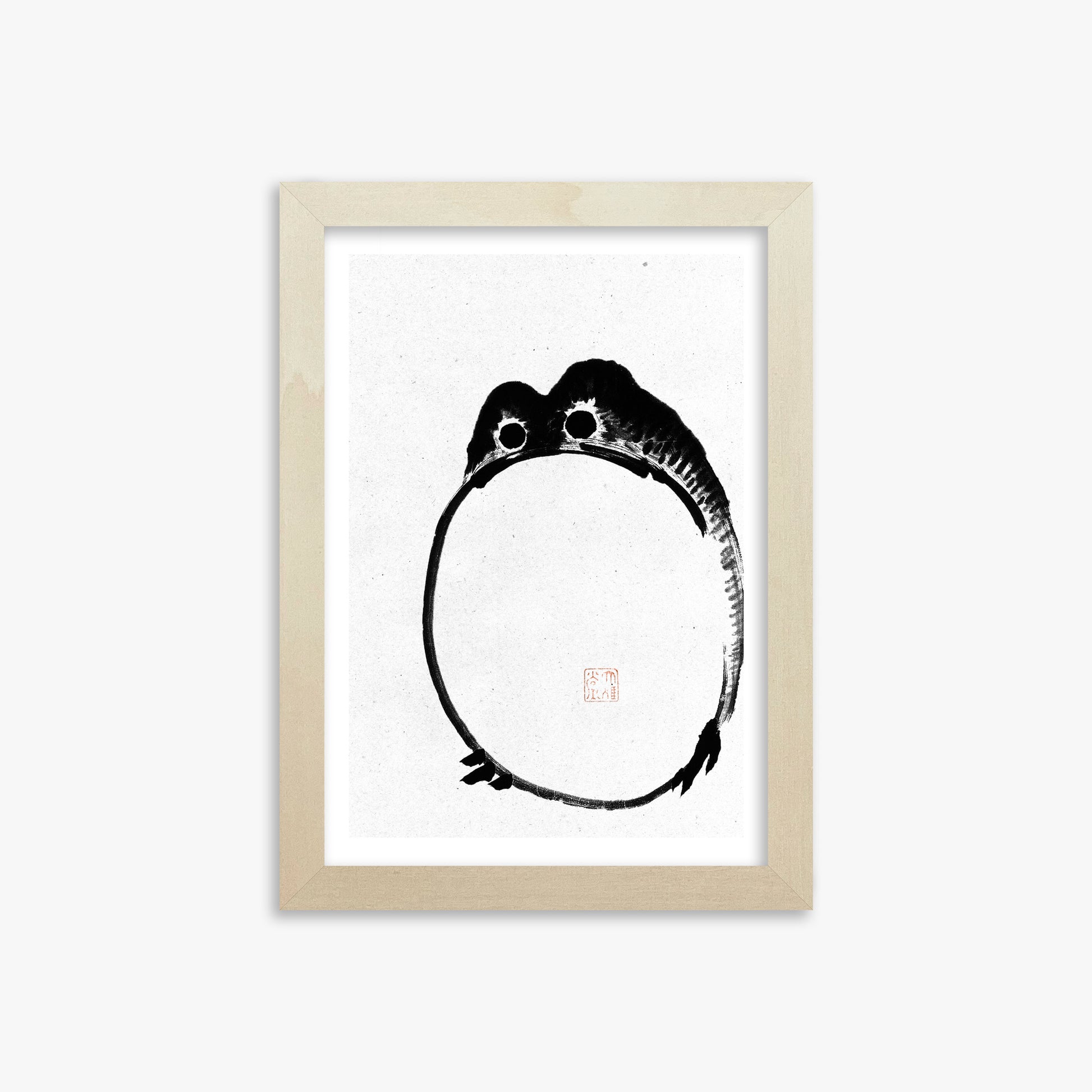 Ike no Taiga: Round Frog - Monochrome-Style, 21x30cm Framed Art Reproduction With Lime Wood Frame