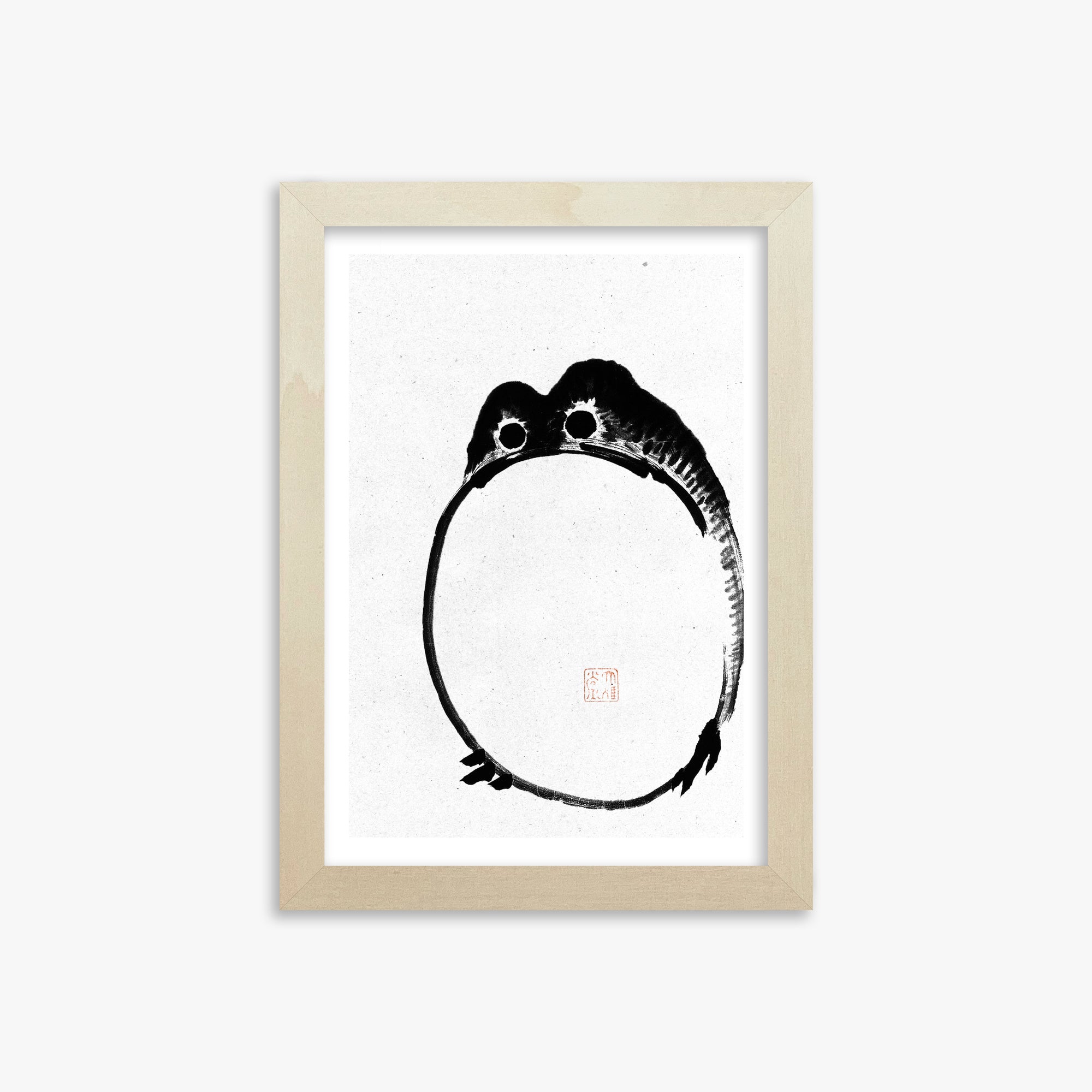 Ike no Taiga: Round Frog - Monochrome-Style, 21x30cm Framed Art Reproduction With Lime Wood Frame