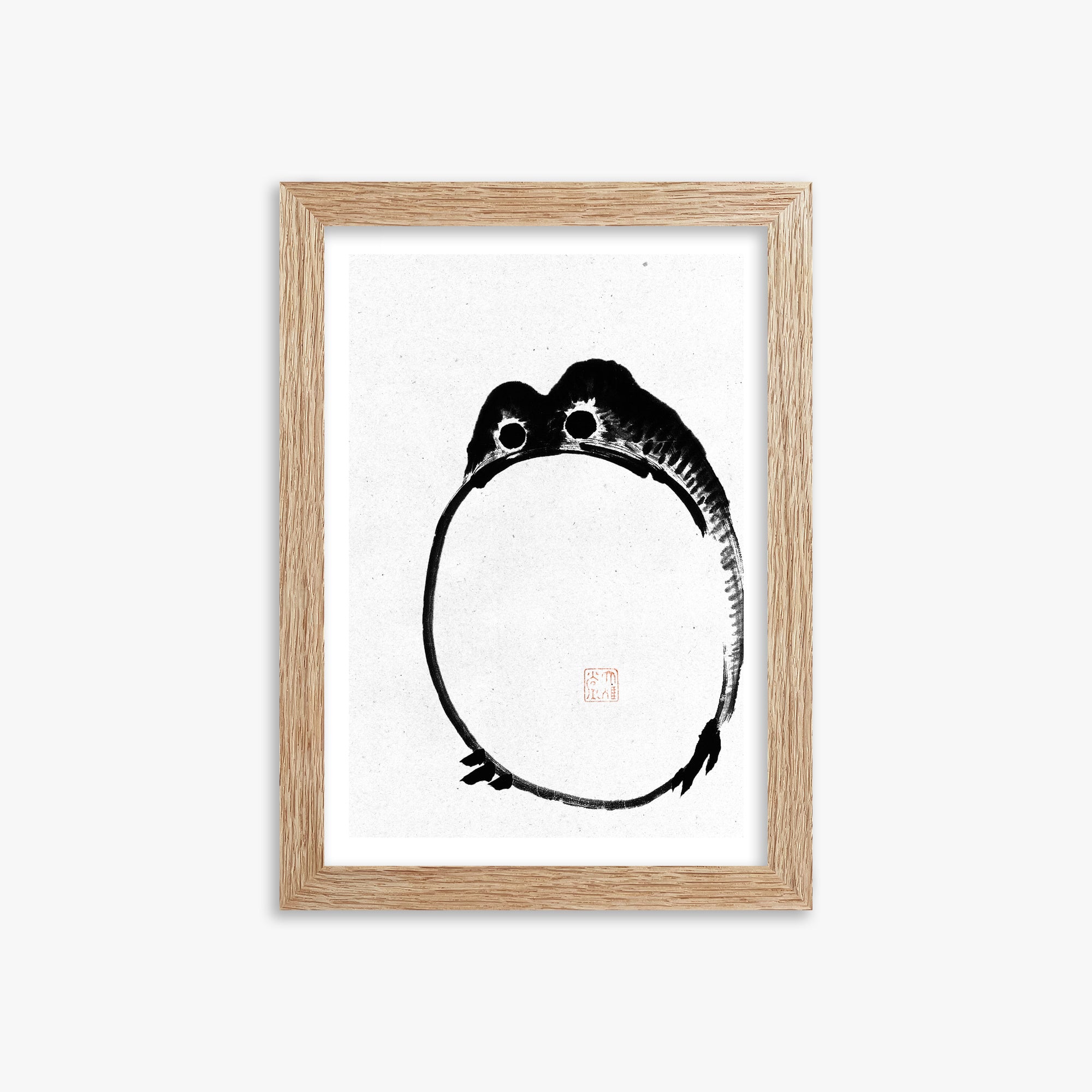 Ike no Taiga: Round Frog - Monochrome-Style, 21x30cm Framed Art Reproduction With Raw Oak Frame
