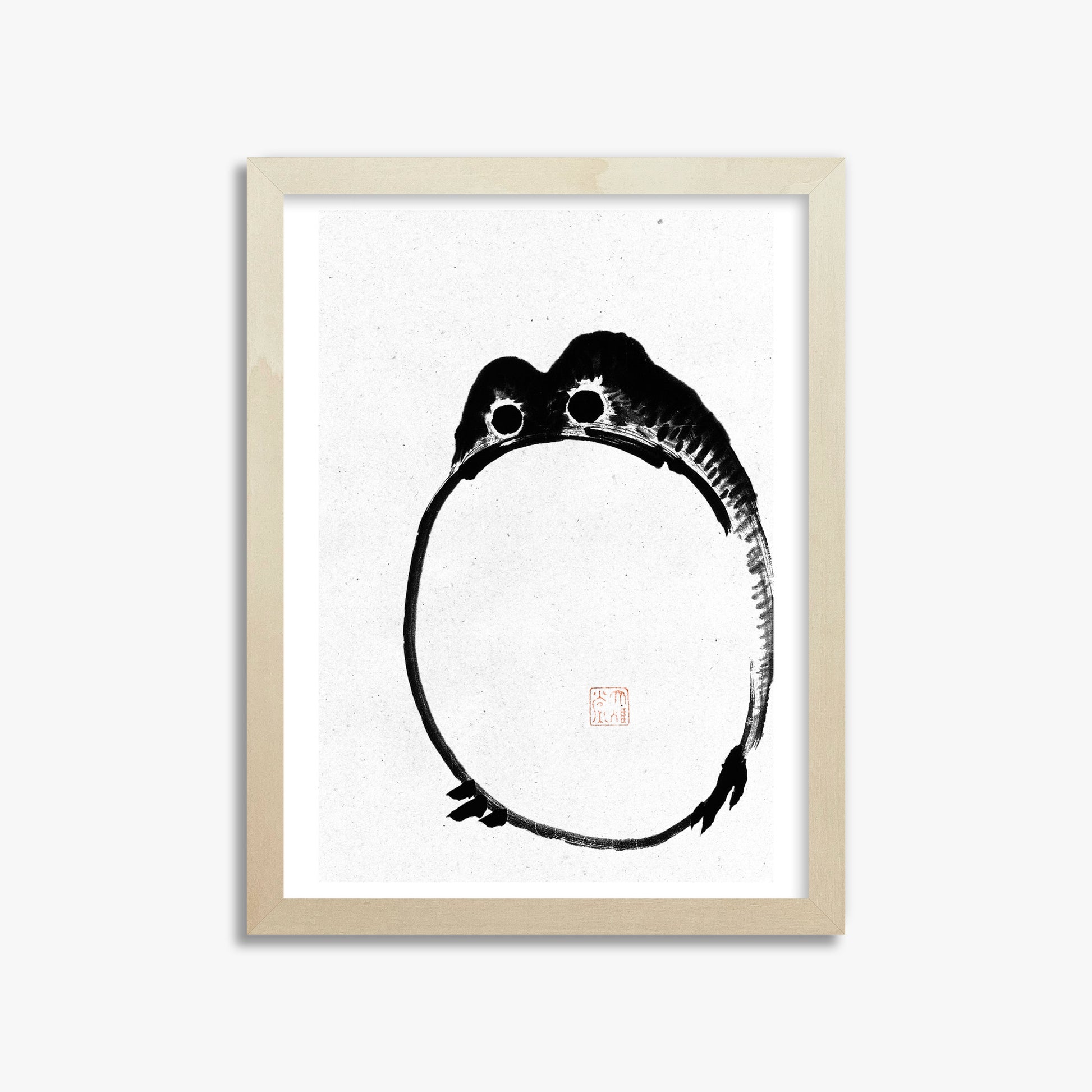 Ike no Taiga: Round Frog - Monochrome-Style, 30x40cm Framed Art Reproduction With Lime Wood Frame