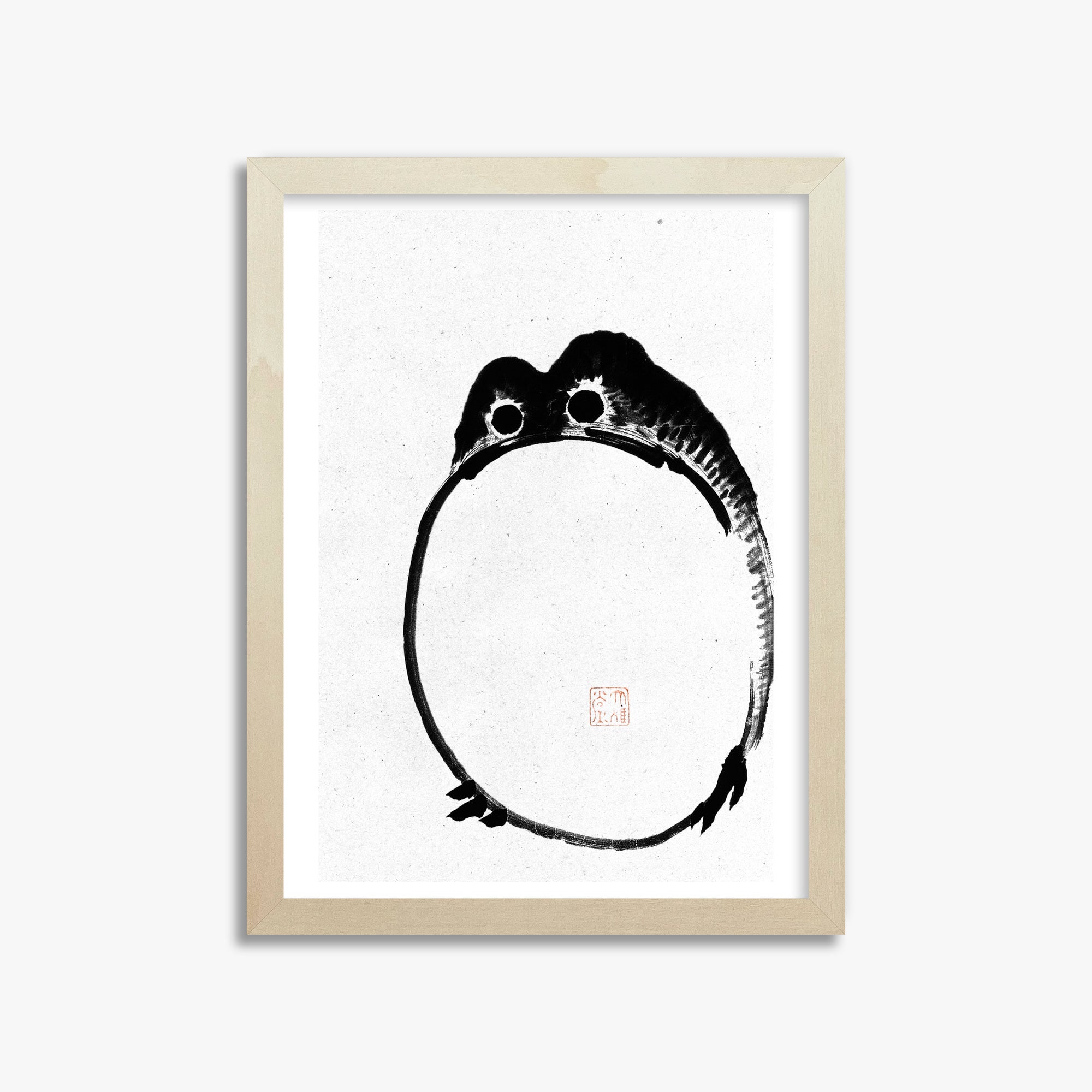 Ike no Taiga: Round Frog - Monochrome-Style, 30x40cm Framed Art Reproduction With Lime Wood Frame