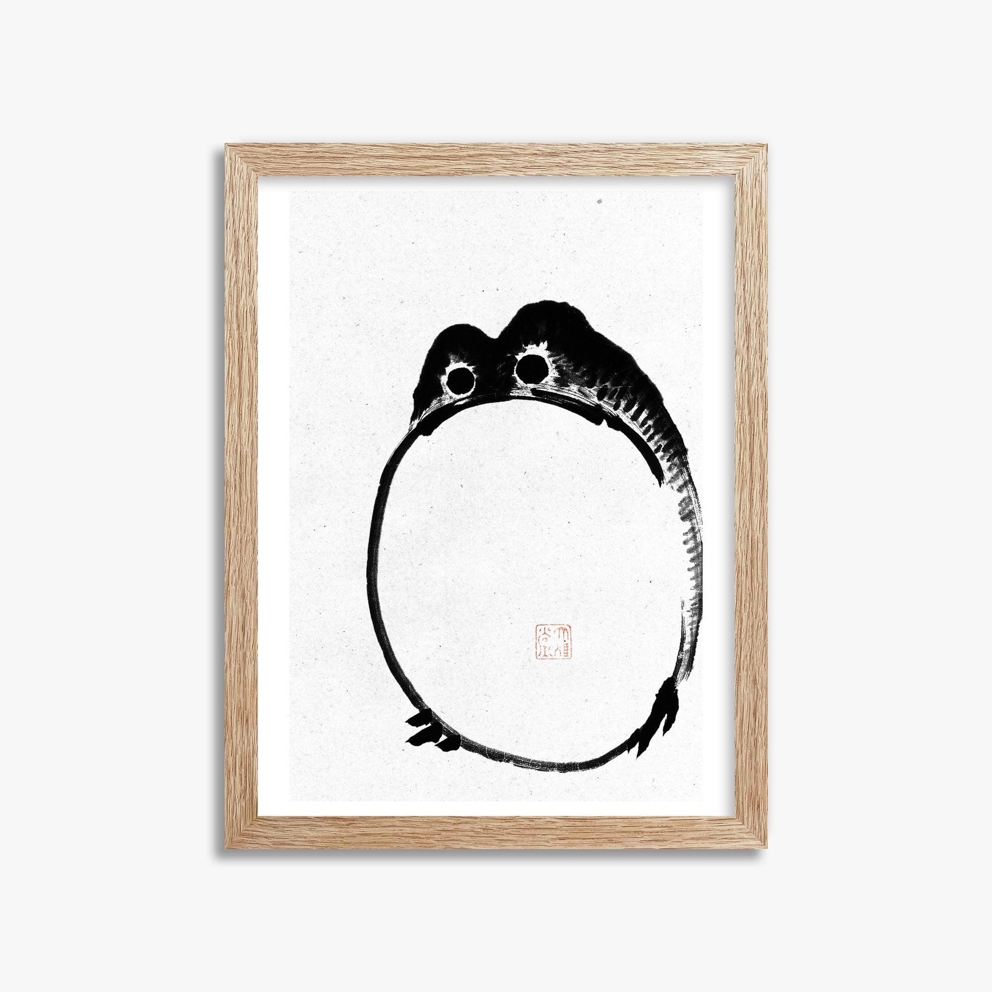 Ike no Taiga: Round Frog - Monochrome-Style, 30x40cm Framed Art Reproduction With Raw Oak Frame