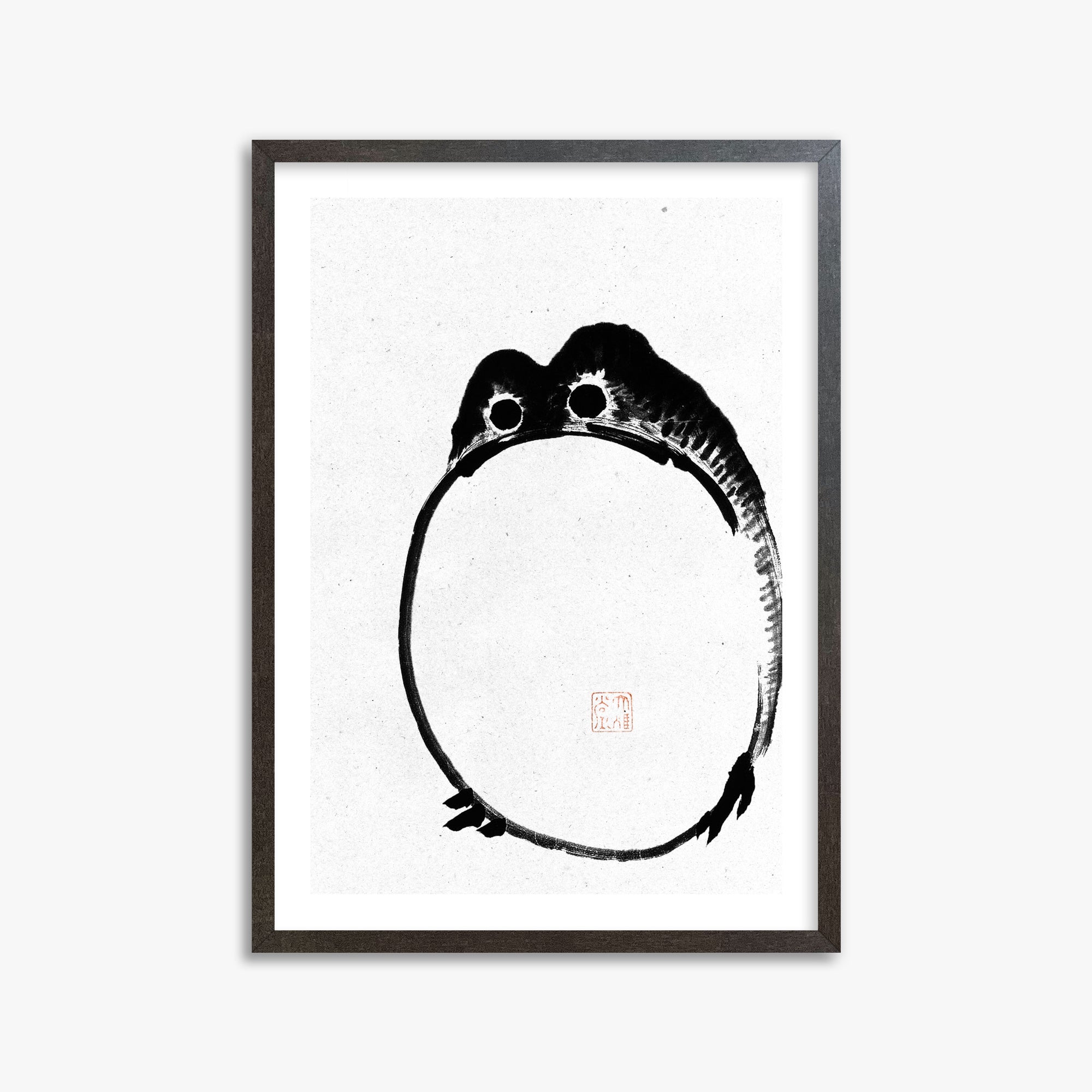 Ike no Taiga: Round Frog - Monochrome-Style, 50x70cm Framed Art Reproduction With Espresso Frame