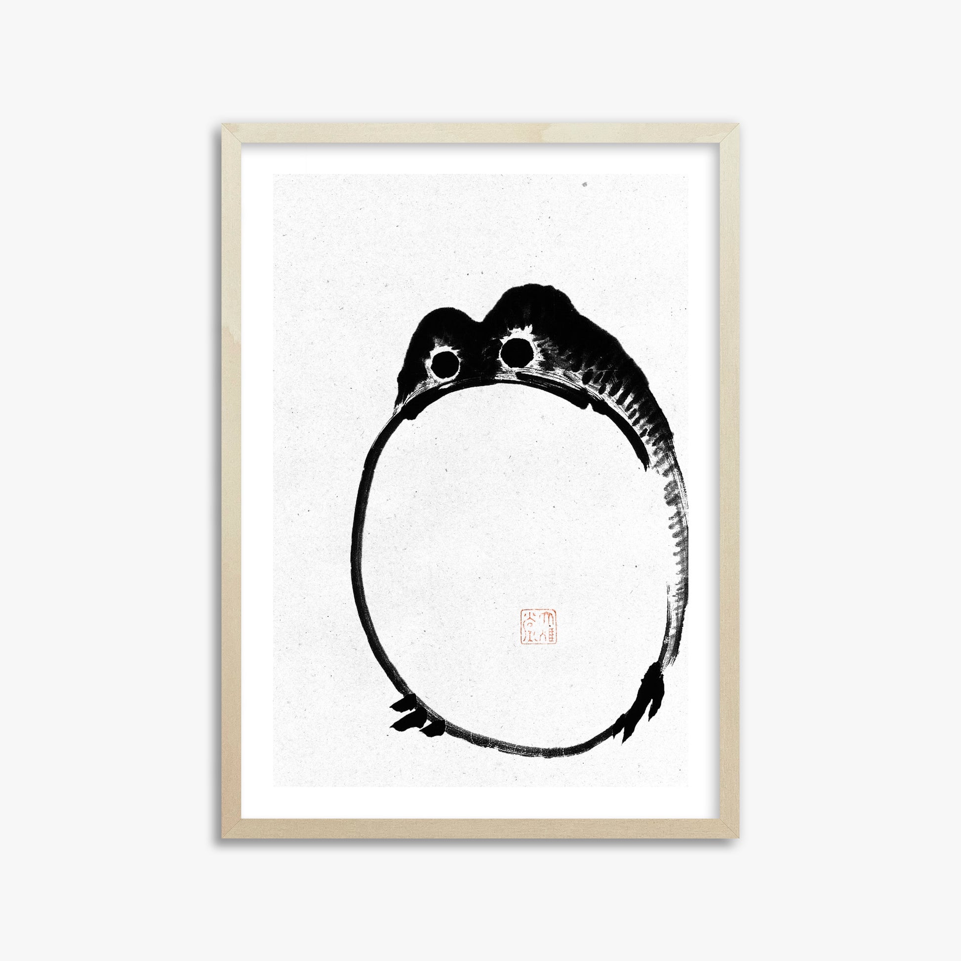 Ike no Taiga: Round Frog - Monochrome-Style, 50x70cm Framed Art Reproduction With Lime Wood Frame
