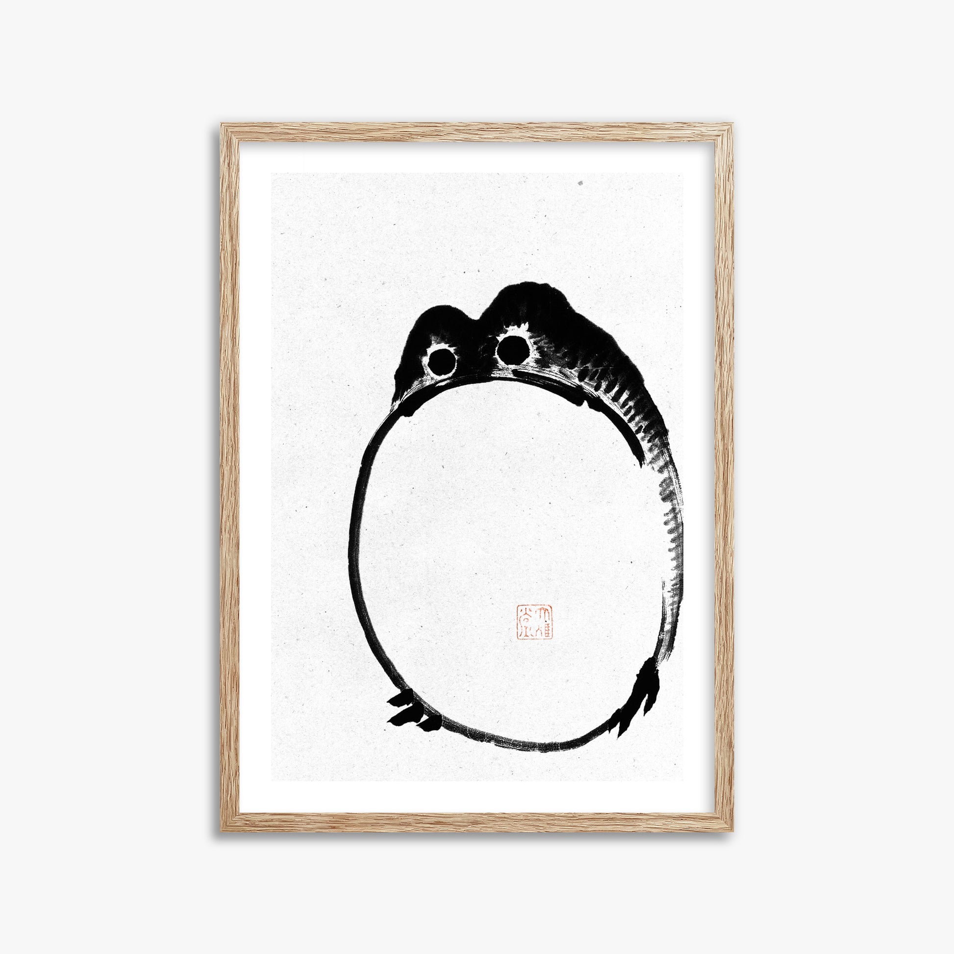 Ike no Taiga: Round Frog - Monochrome-Style, 50x70cm Framed Art Reproduction With Raw Oak Frame