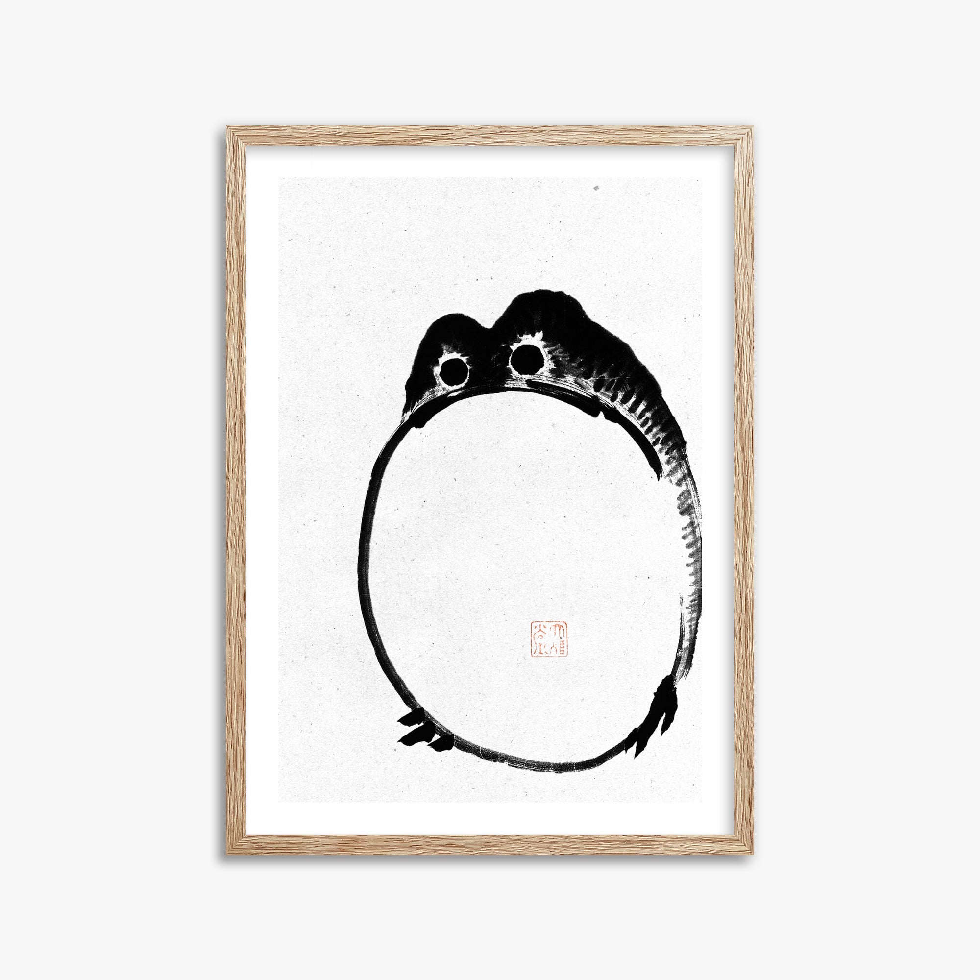Ike no Taiga: Round Frog - Monochrome-Style, 50x70cm Framed Art Reproduction With Raw Oak Frame