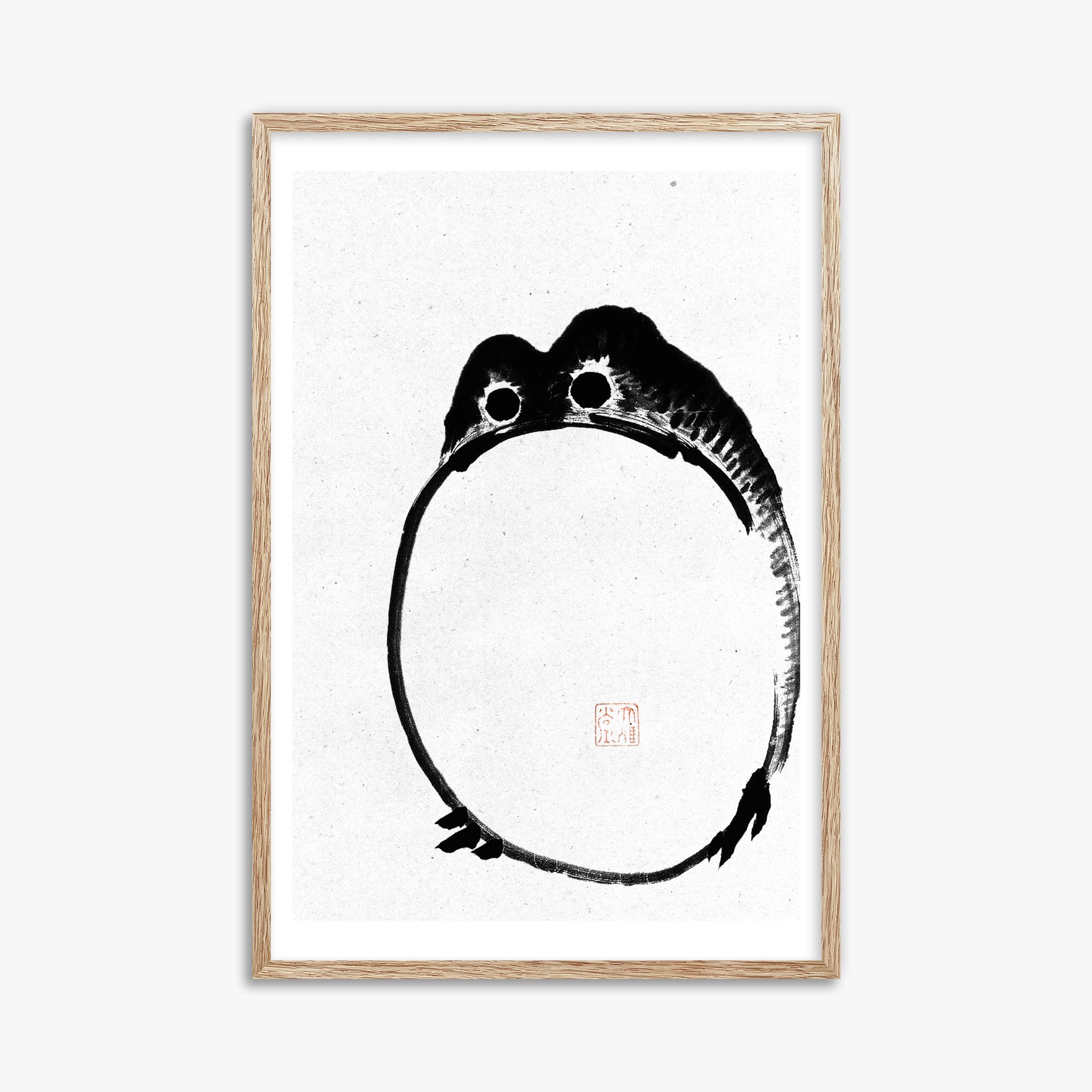 Ike no Taiga: Round Frog - Monochrome-Style, 61x91cm Framed Art Reproduction With Raw Oak Frame