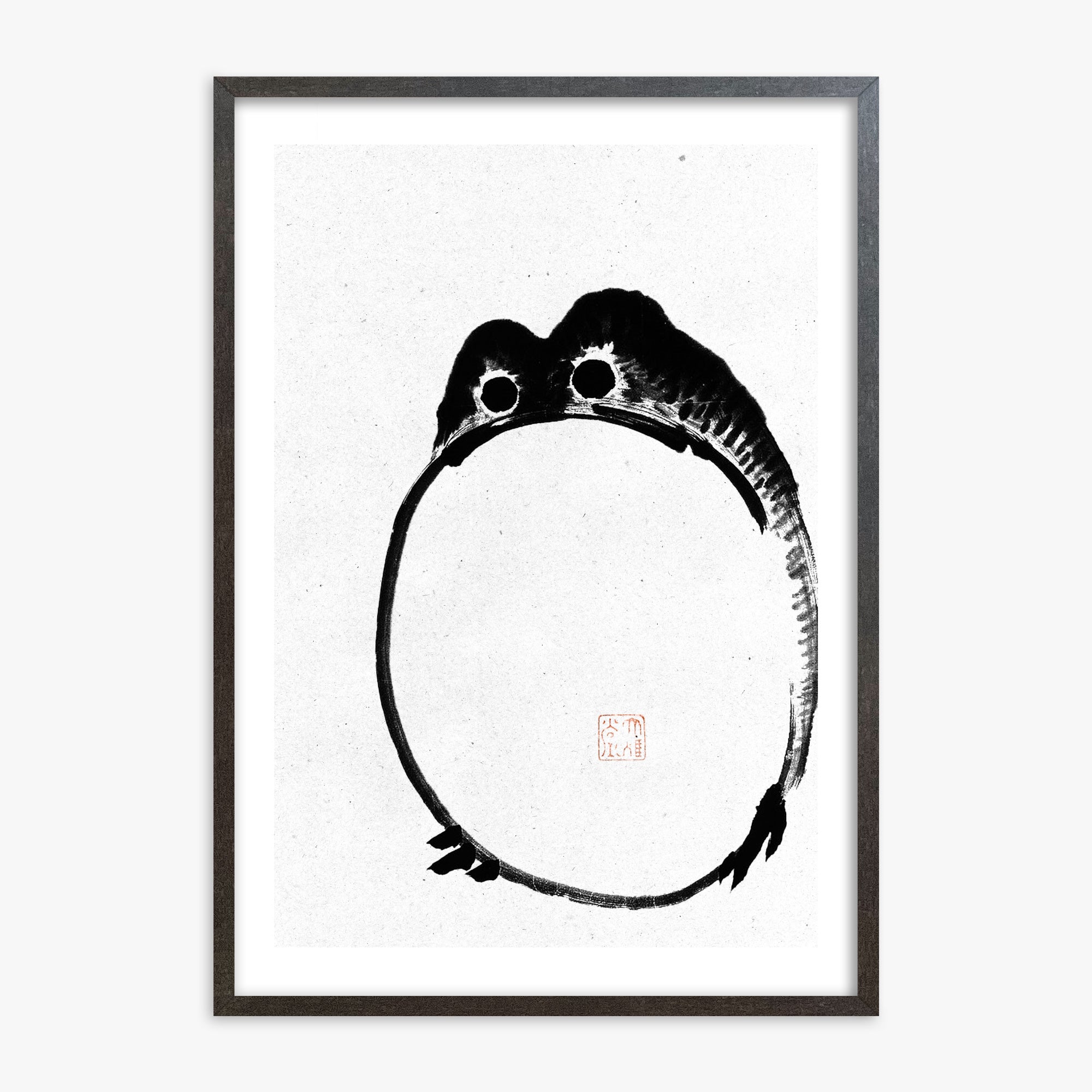 Ike no Taiga: Round Frog - Monochrome-Style, 70x100cm Framed Art Reproduction With Espresso Frame