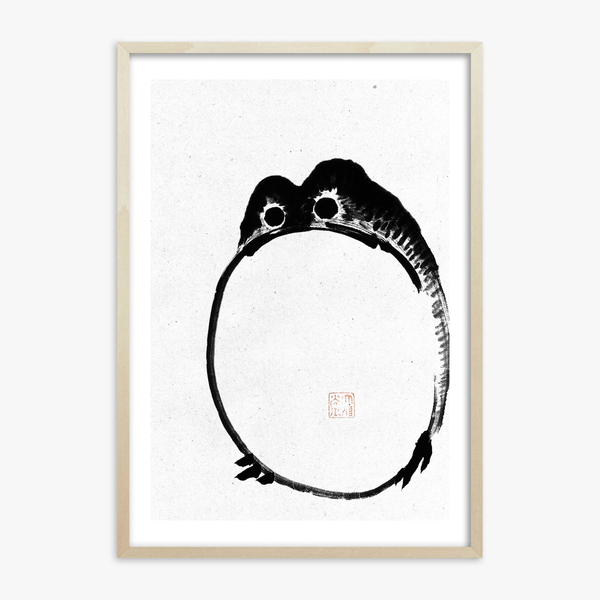 Ike no Taiga: Round Frog - Monochrome-Style, 70x100cm Framed Art Reproduction With Lime Wood Frame