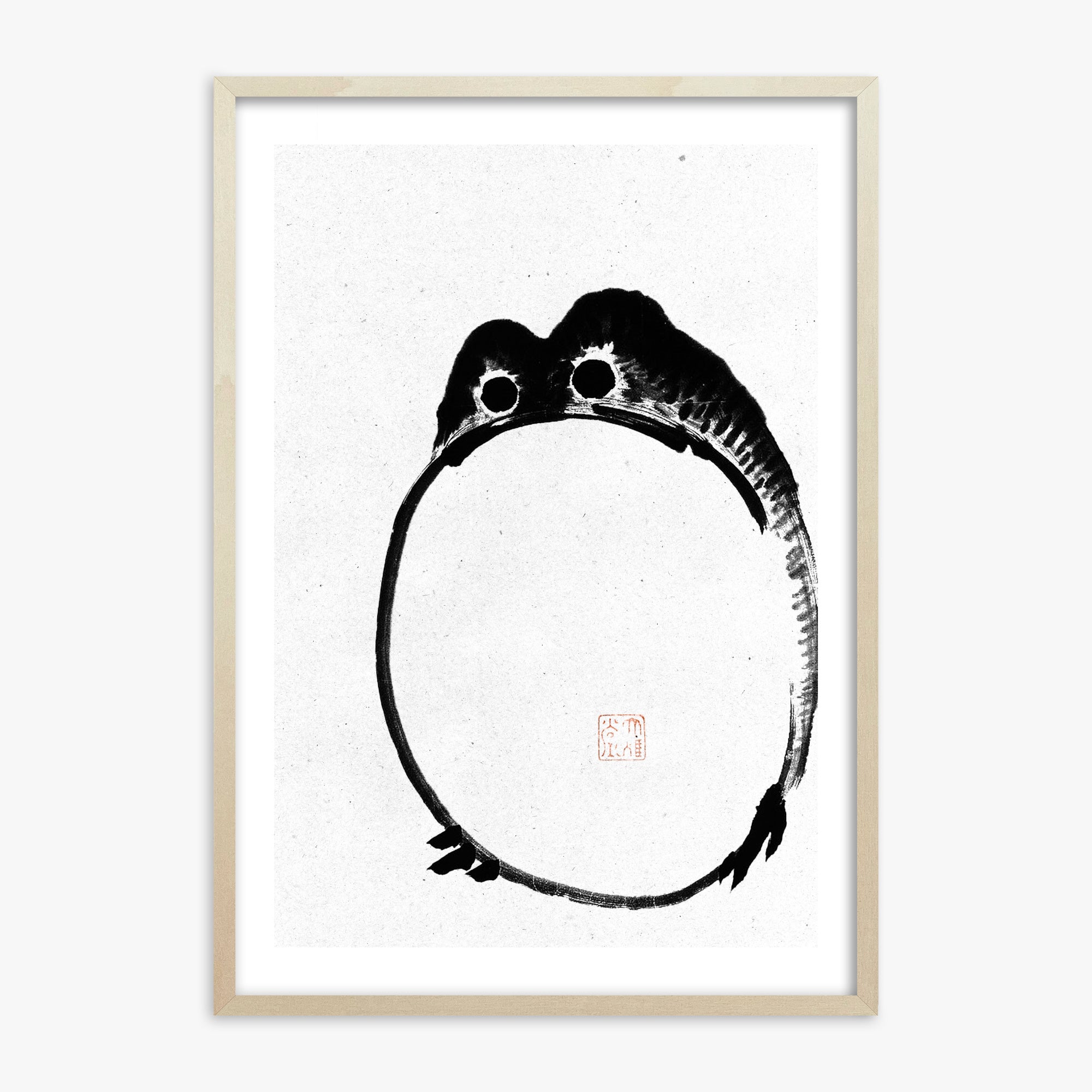 Ike no Taiga: Round Frog - Monochrome-Style, 70x100cm Framed Art Reproduction With Lime Wood Frame