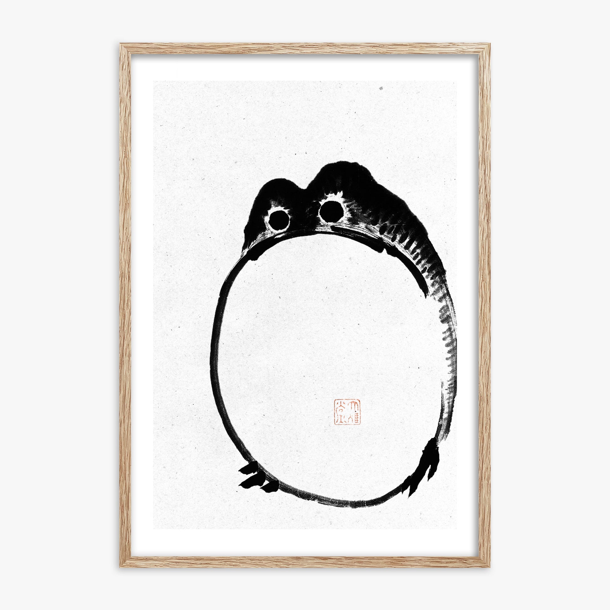 Ike no Taiga: Round Frog - Monochrome-Style, 70x100cm Framed Art Reproduction With Raw Oak Frame