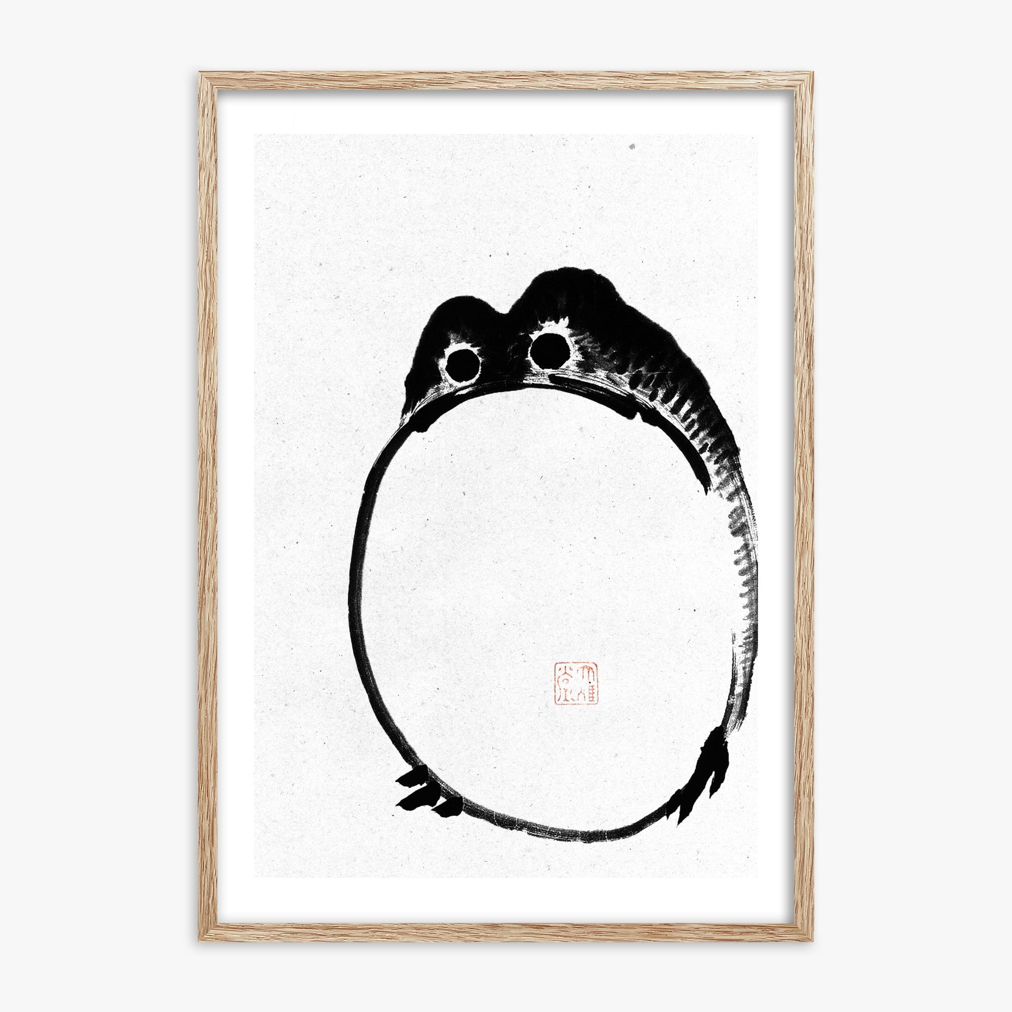Ike no Taiga: Round Frog - Monochrome-Style, 70x100cm Framed Art Reproduction With Raw Oak Frame