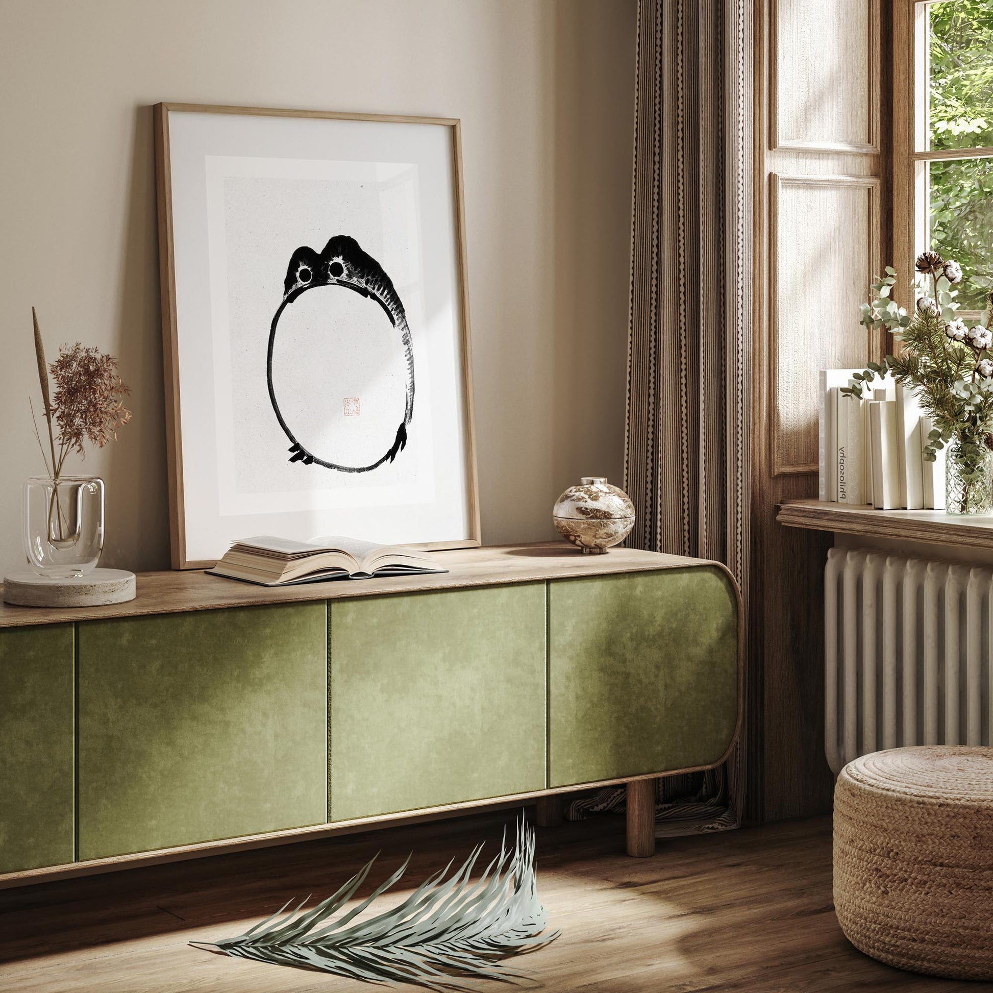 Design concept No. 23 for Ike no Taiga: Round Frog - Monochrome-Style Japanese Wall Art