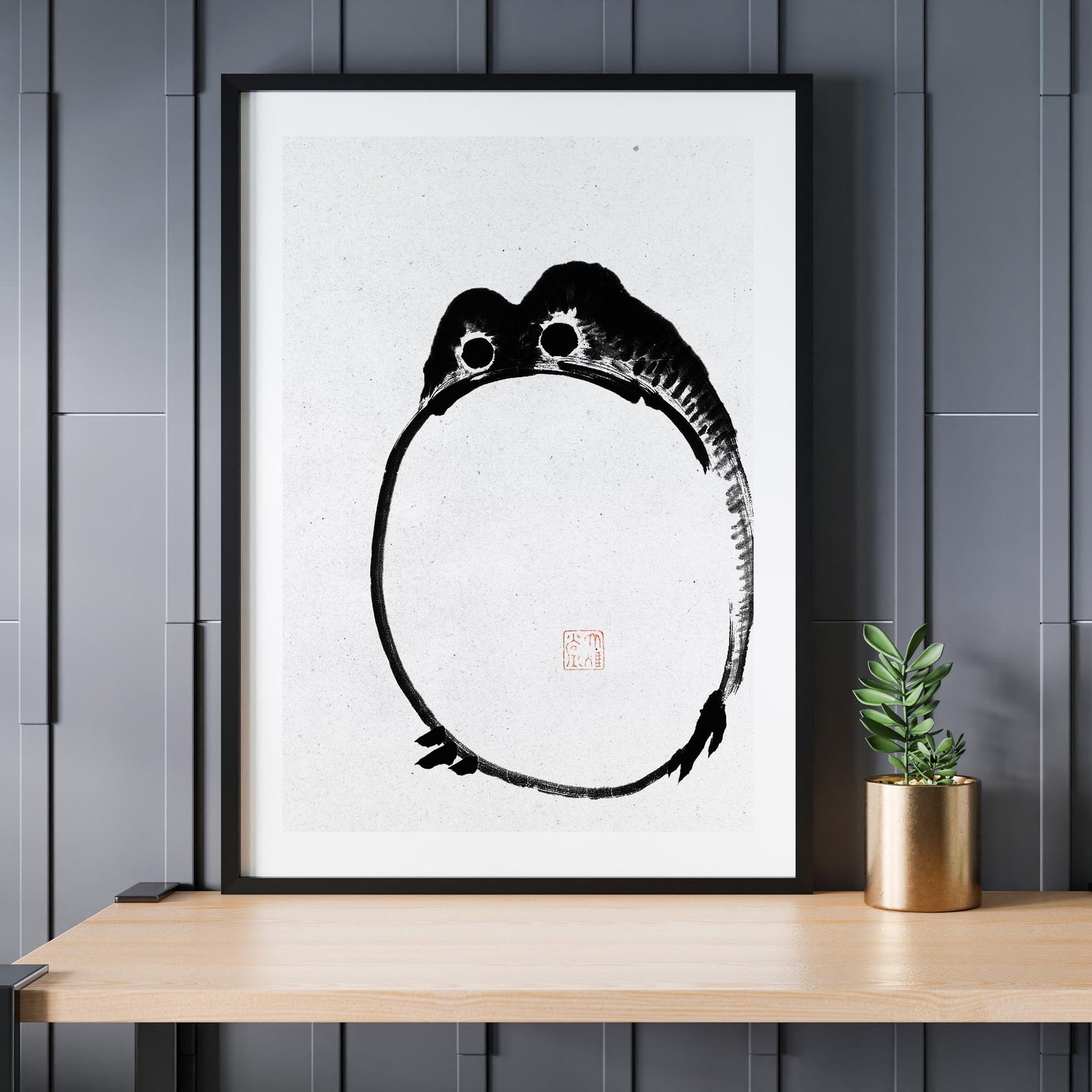 Design concept No. 24 for Ike no Taiga: Round Frog - Monochrome-Style Japanese Wall Art