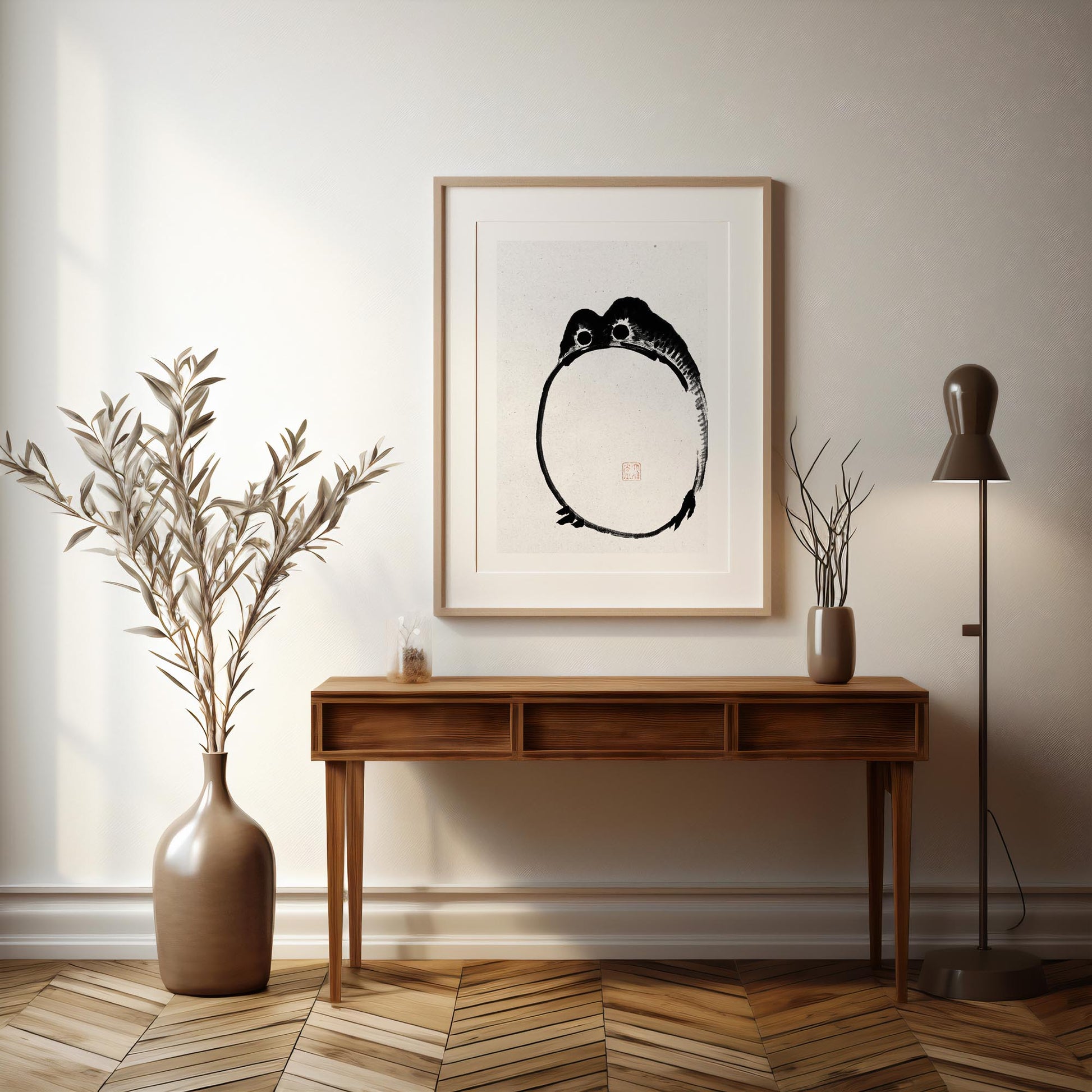 Design concept No. 37 for Ike no Taiga: Round Frog - Monochrome-Style Japanese Wall Art