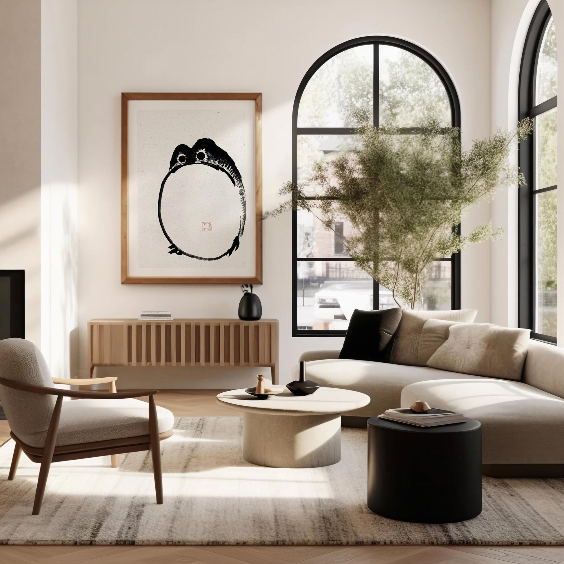 Design concept No. 40 for Ike no Taiga: Round Frog - Monochrome-Style Japanese Wall Art