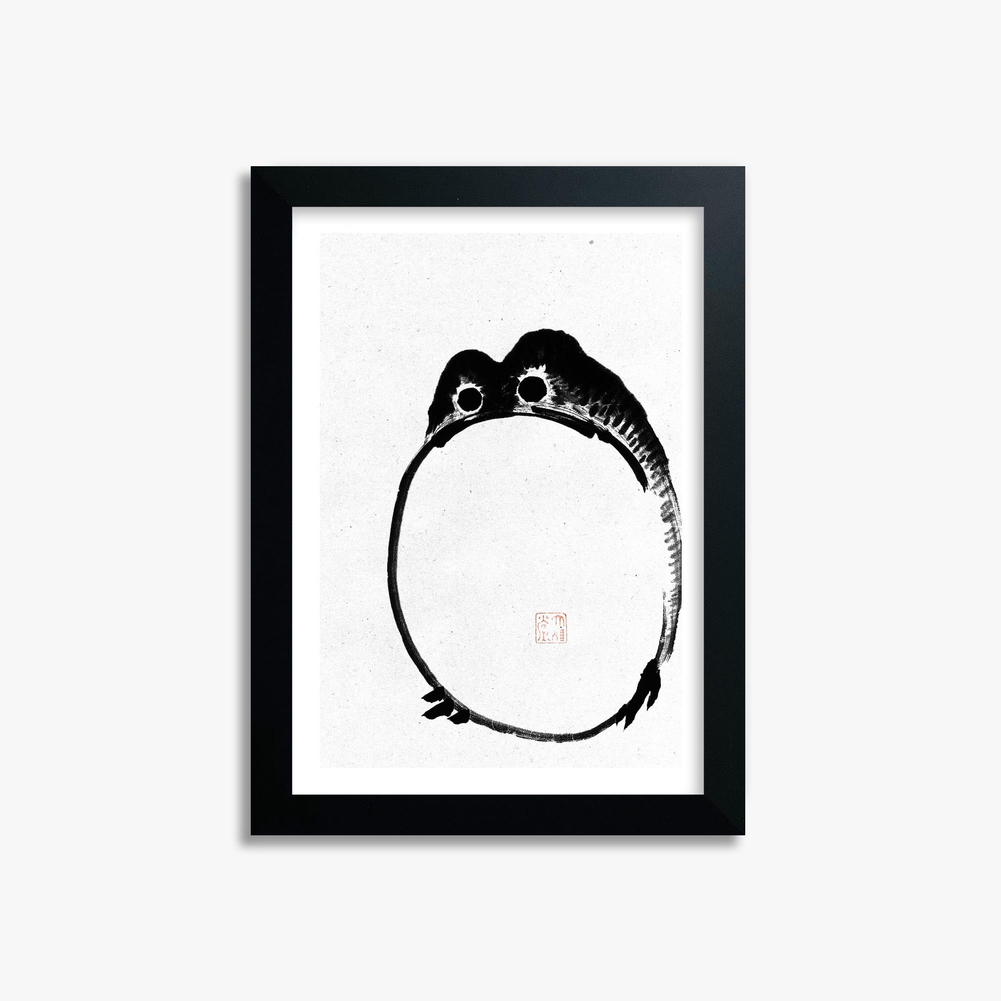 Ike no Taiga: Round Frog - Monochrome-Style 21x30 cm Art Reproduction With Black Frame