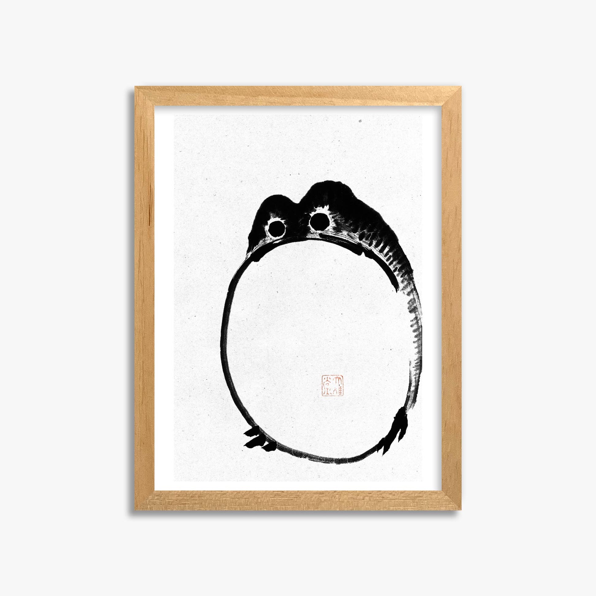Ike no Taiga: Round Frog - Monochrome-Style 30x40 cm Art Reproduction With Oak Frame