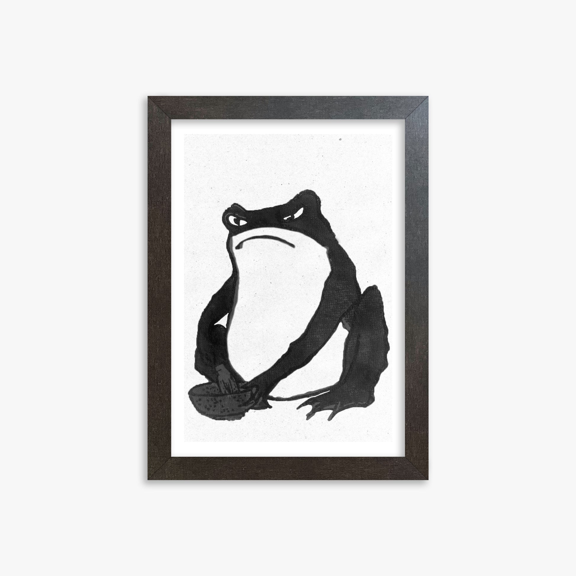 Hiroshige II: Angry frog whisking tea - Monochrome-Style, 21x30cm Framed Art Reproduction With Espresso Frame