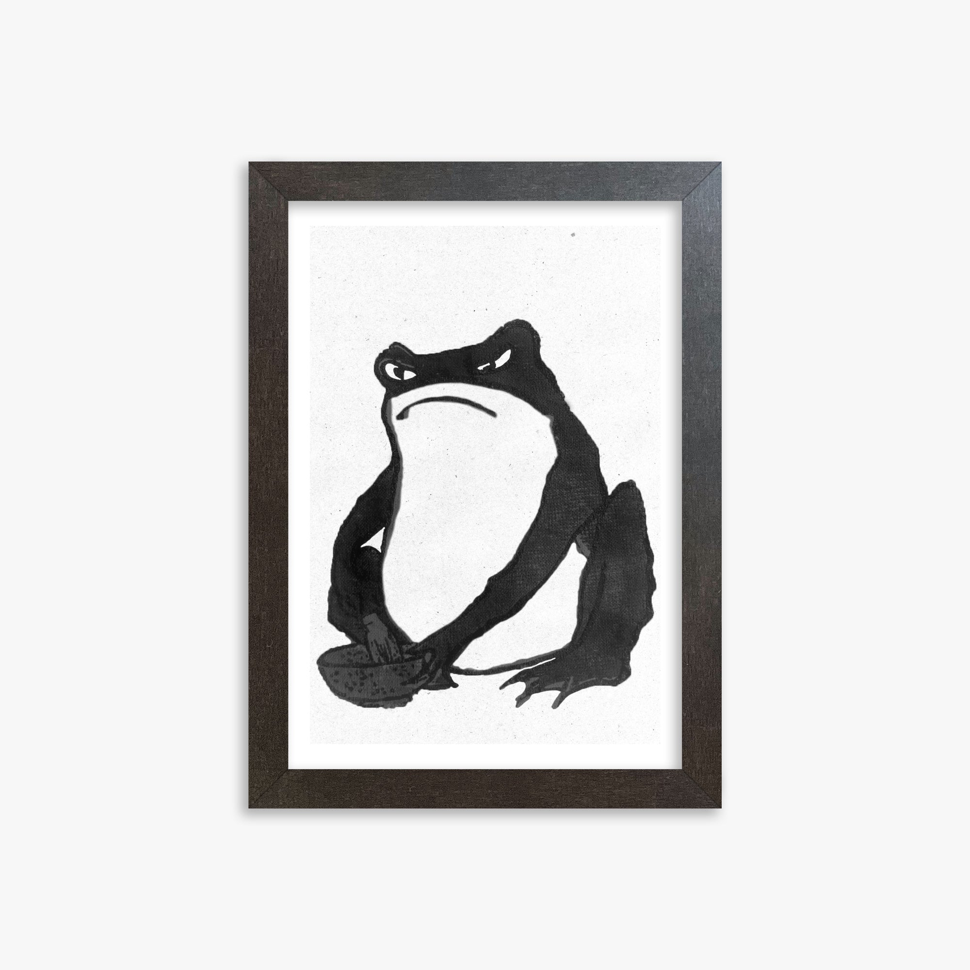 Hiroshige II: Angry frog whisking tea - Monochrome-Style, 21x30cm Framed Art Reproduction With Espresso Frame