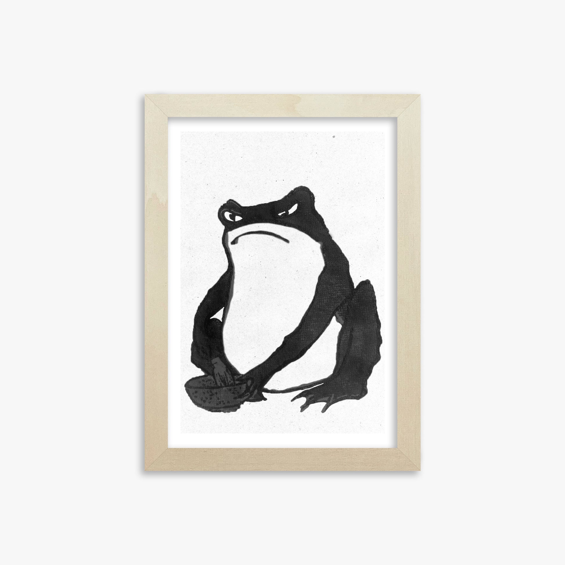 Hiroshige II: Angry frog whisking tea - Monochrome-Style, 21x30cm Framed Art Reproduction With Lime Wood Frame