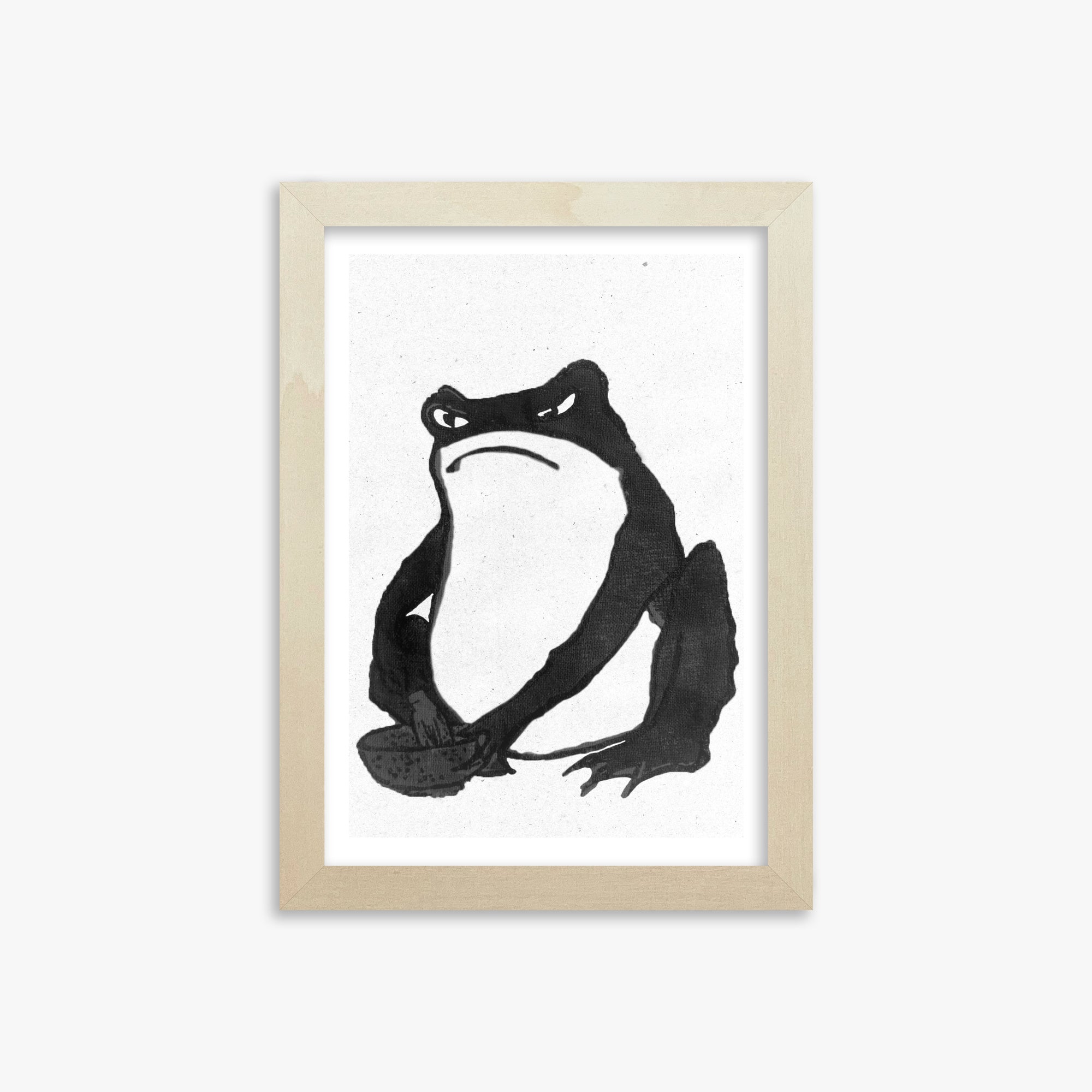 Hiroshige II: Angry frog whisking tea - Monochrome-Style, 21x30cm Framed Art Reproduction With Lime Wood Frame