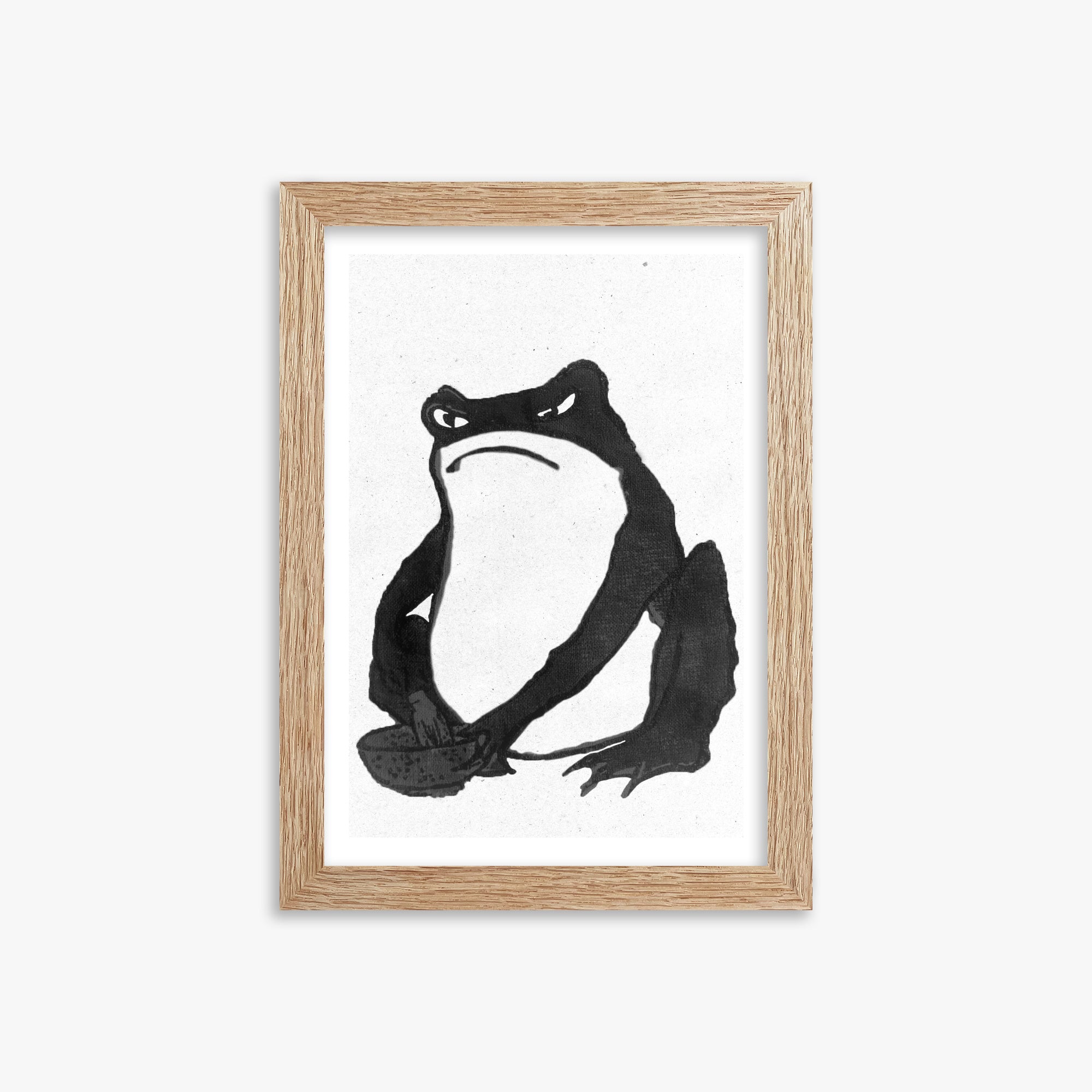 Hiroshige II: Angry frog whisking tea - Monochrome-Style, 21x30cm Framed Art Reproduction With Raw Oak Frame