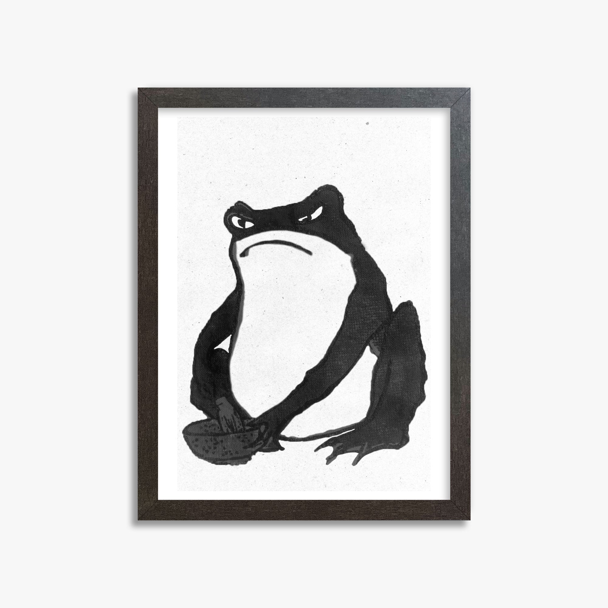 Hiroshige II: Angry frog whisking tea - Monochrome-Style, 30x40cm Framed Art Reproduction With Espresso Frame