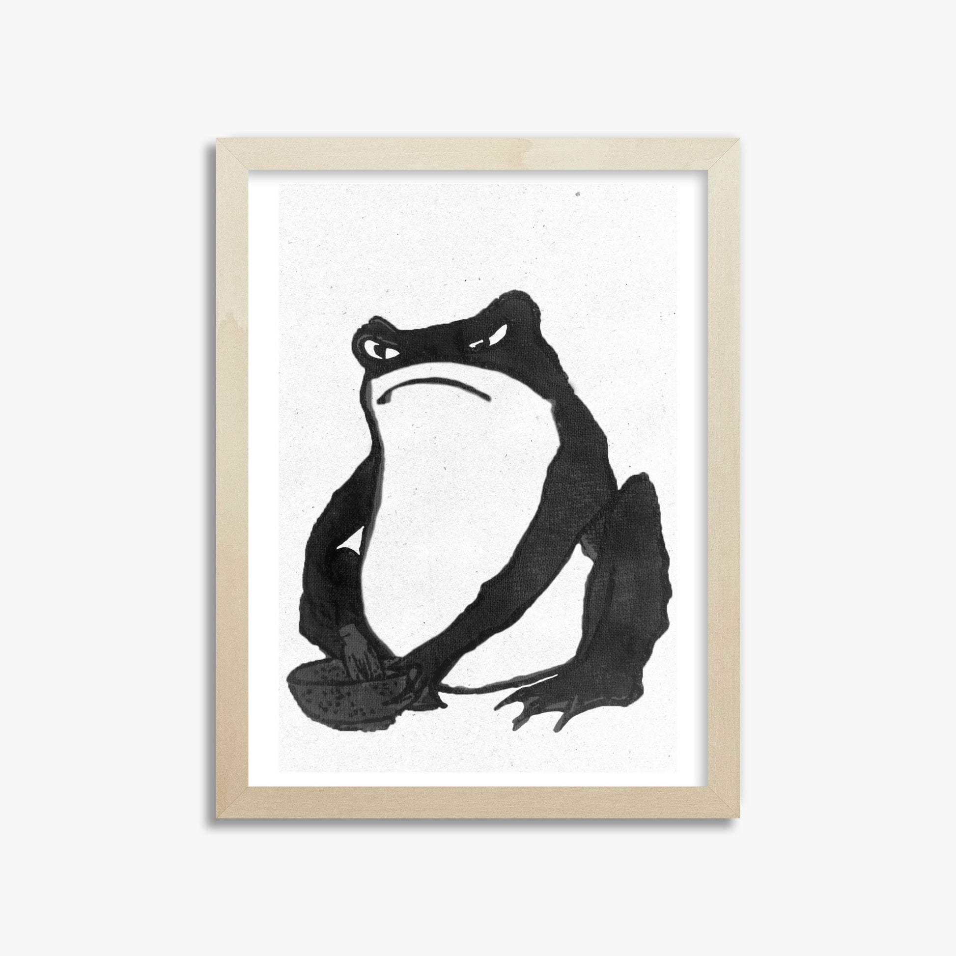 Hiroshige II: Angry frog whisking tea - Monochrome-Style, 30x40cm Framed Art Reproduction With Lime Wood Frame