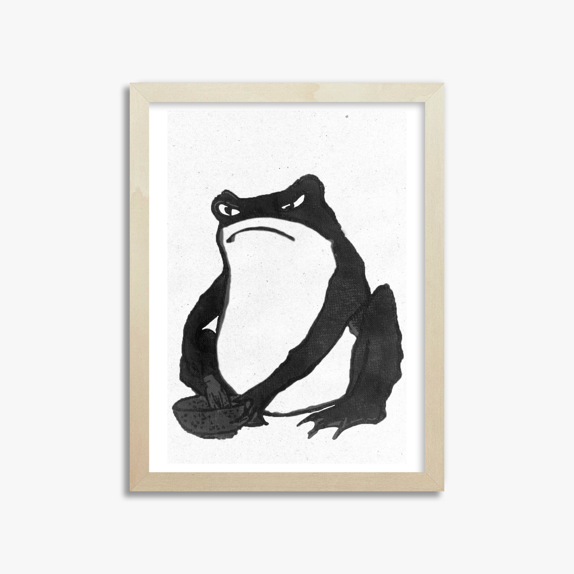 Hiroshige II: Angry frog whisking tea - Monochrome-Style, 30x40cm Framed Art Reproduction With Lime Wood Frame