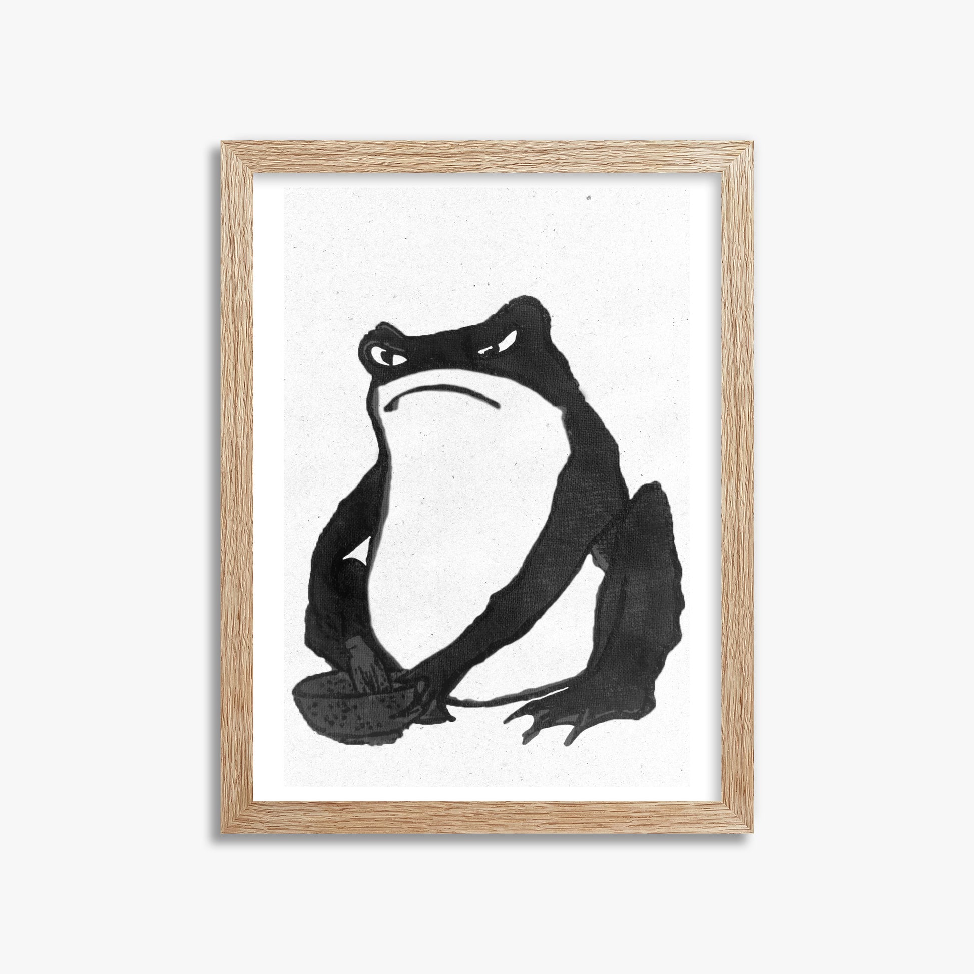 Hiroshige II: Angry frog whisking tea - Monochrome-Style, 30x40cm Framed Art Reproduction With Raw Oak Frame
