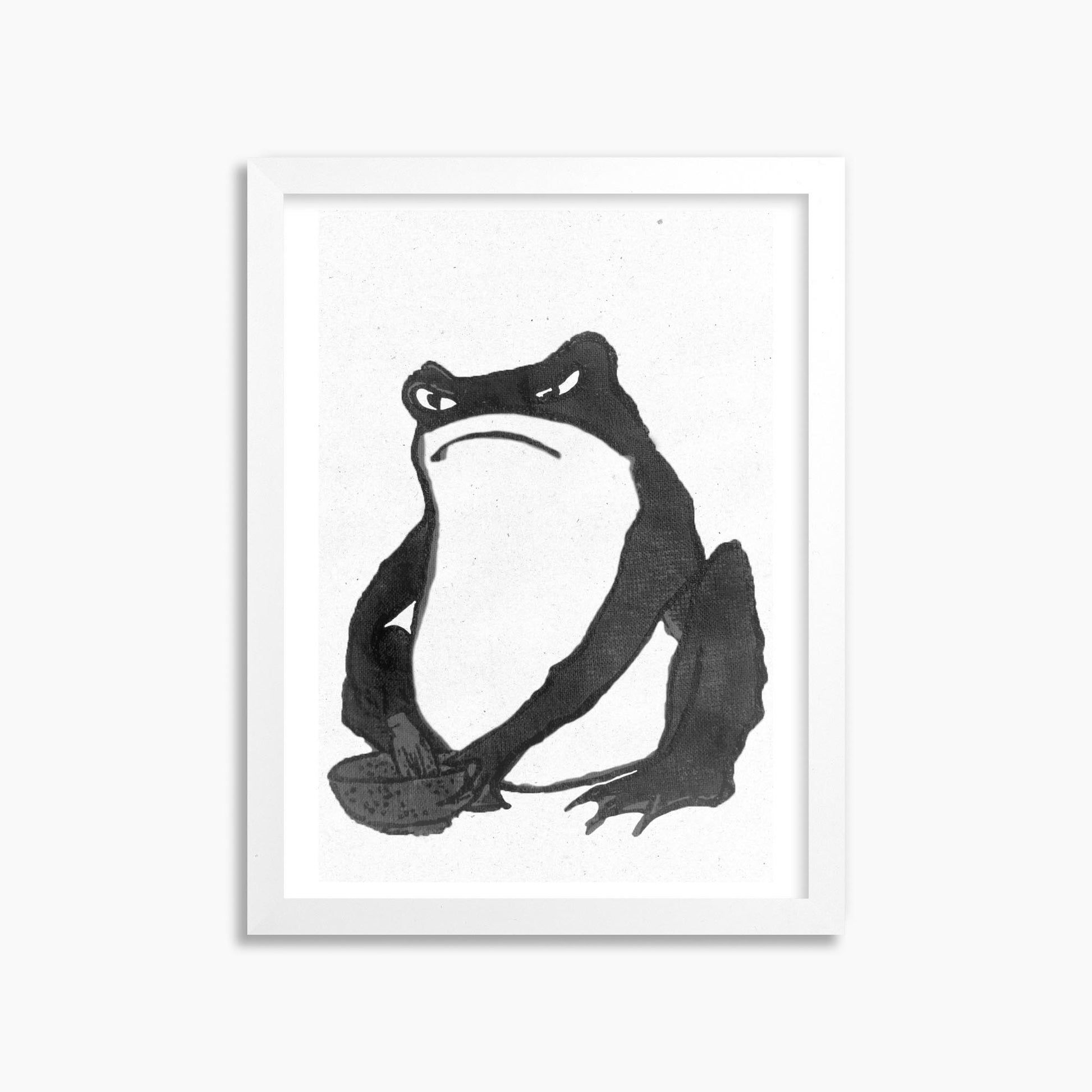 Hiroshige II: Angry frog whisking tea - Monochrome-Style 30x40 cm Art Reproduction With White Frame