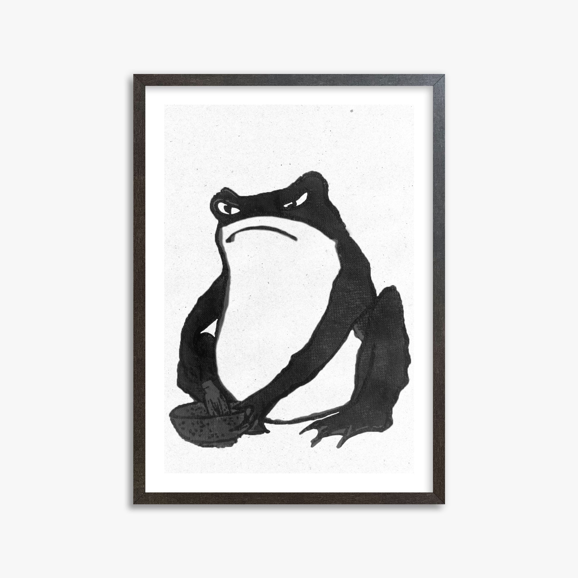 Hiroshige II: Angry frog whisking tea - Monochrome-Style, 50x70cm Framed Art Reproduction With Espresso Frame