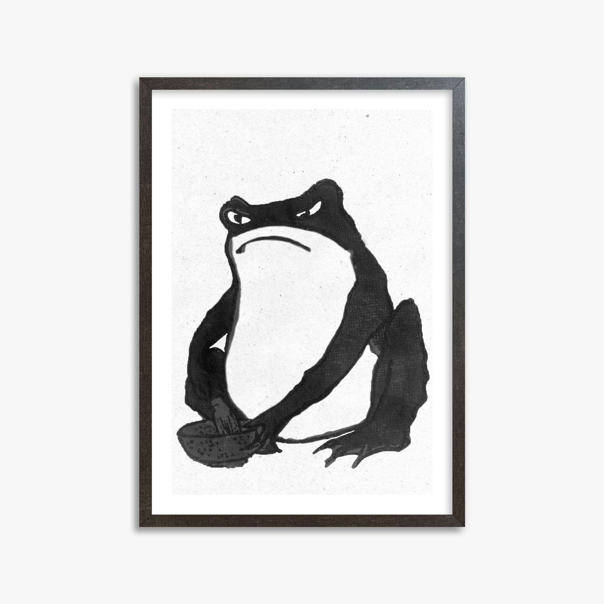 Hiroshige II: Angry frog whisking tea - Monochrome-Style, 50x70cm Framed Art Reproduction With Espresso Frame
