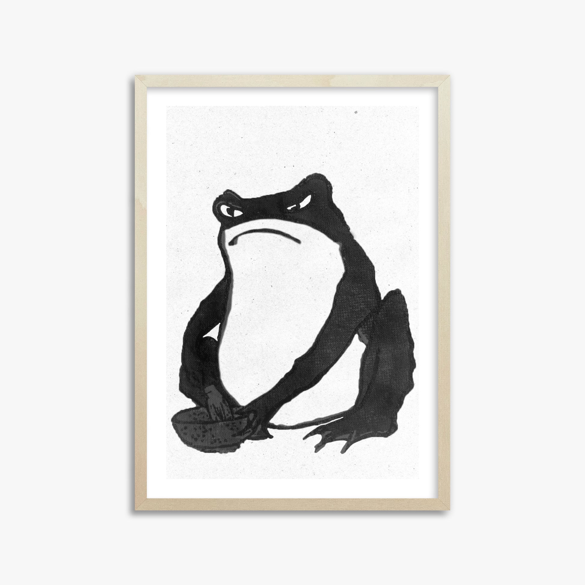 Hiroshige II: Angry frog whisking tea - Monochrome-Style, 50x70cm Framed Art Reproduction With Lime Wood Frame