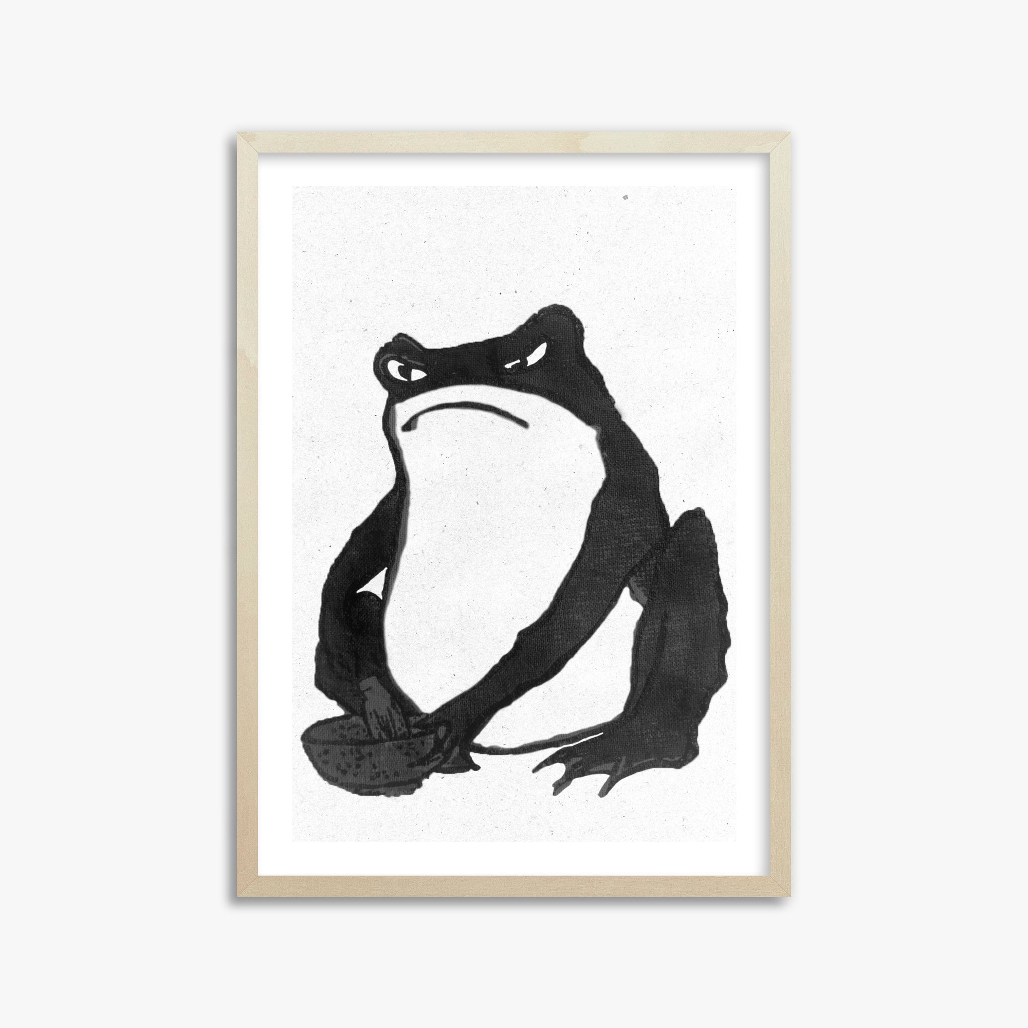 Hiroshige II: Angry frog whisking tea - Monochrome-Style, 50x70cm Framed Art Reproduction With Lime Wood Frame