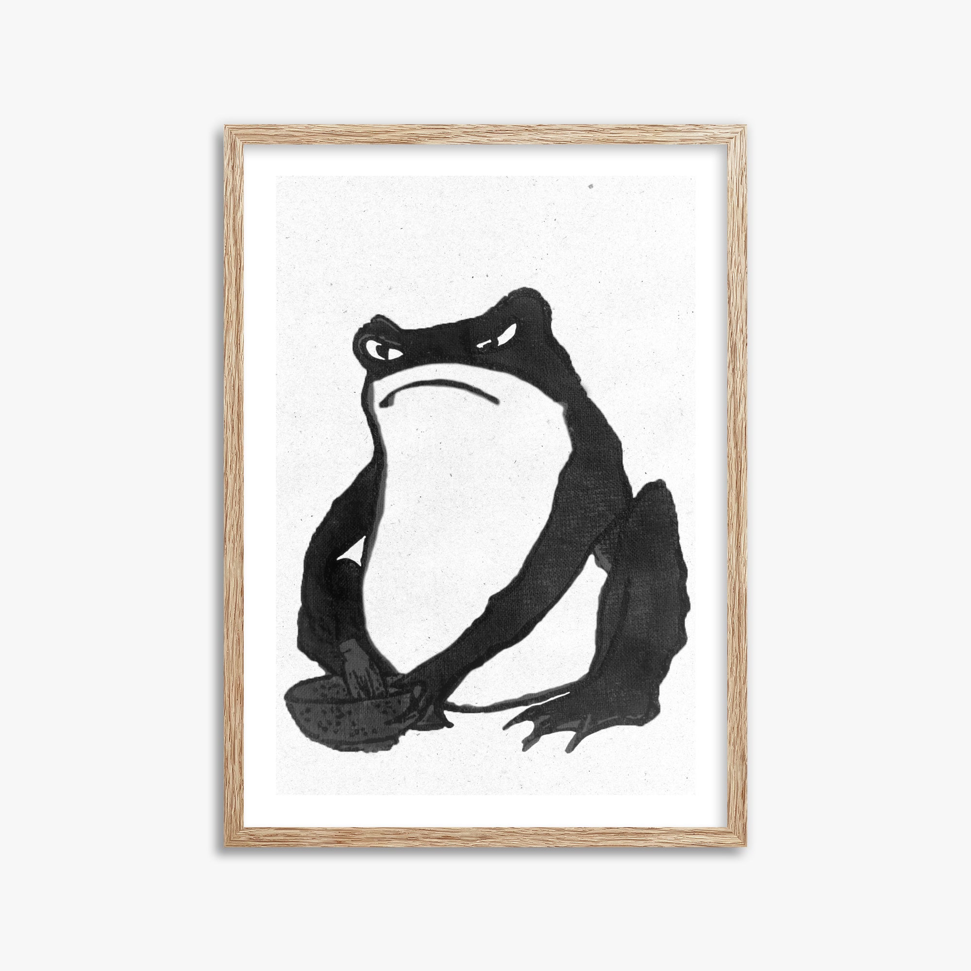 Hiroshige II: Angry frog whisking tea - Monochrome-Style, 50x70cm Framed Art Reproduction With Raw Oak Frame