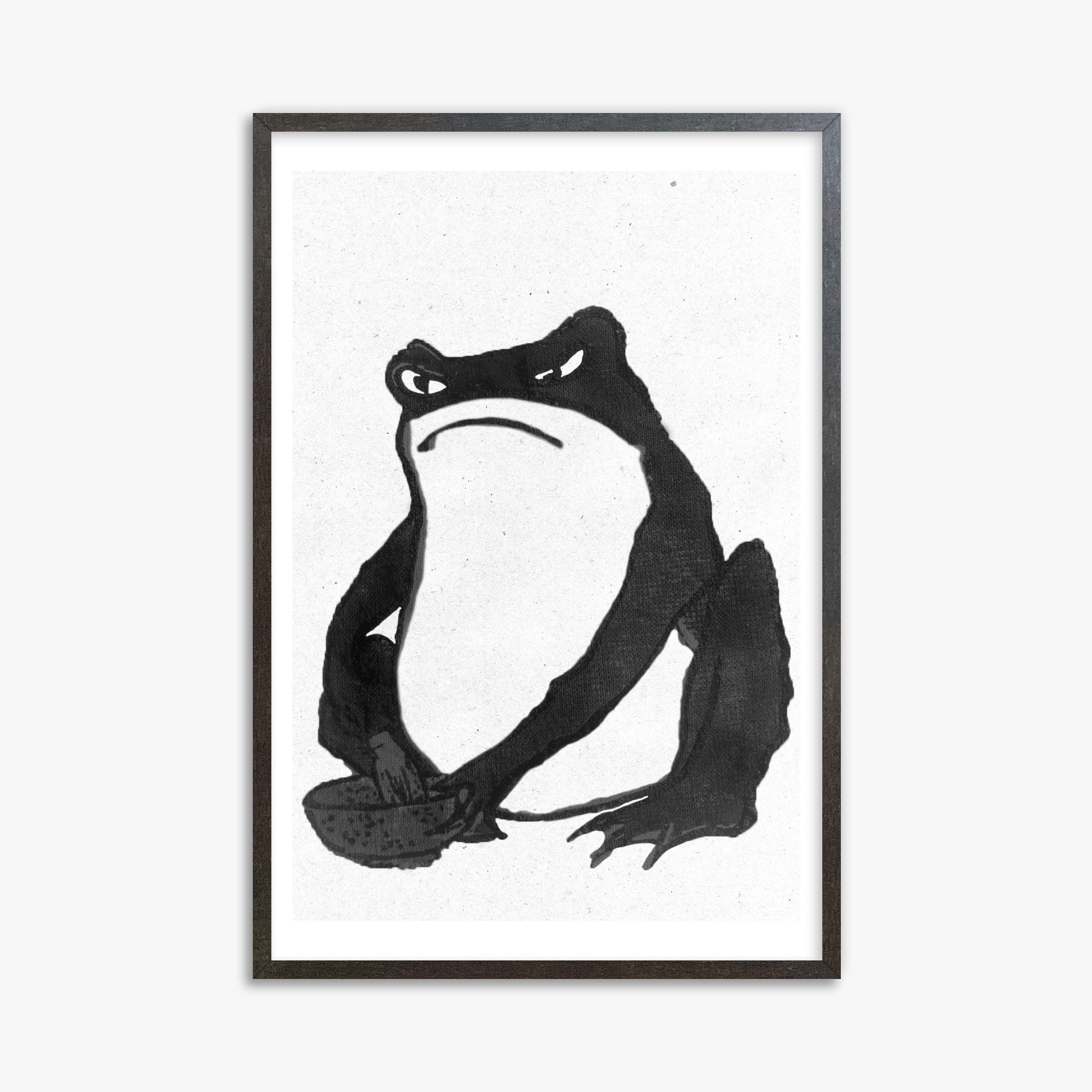 Hiroshige II: Angry frog whisking tea - Monochrome-Style, 61x91cm Framed Art Reproduction With Espresso Frame