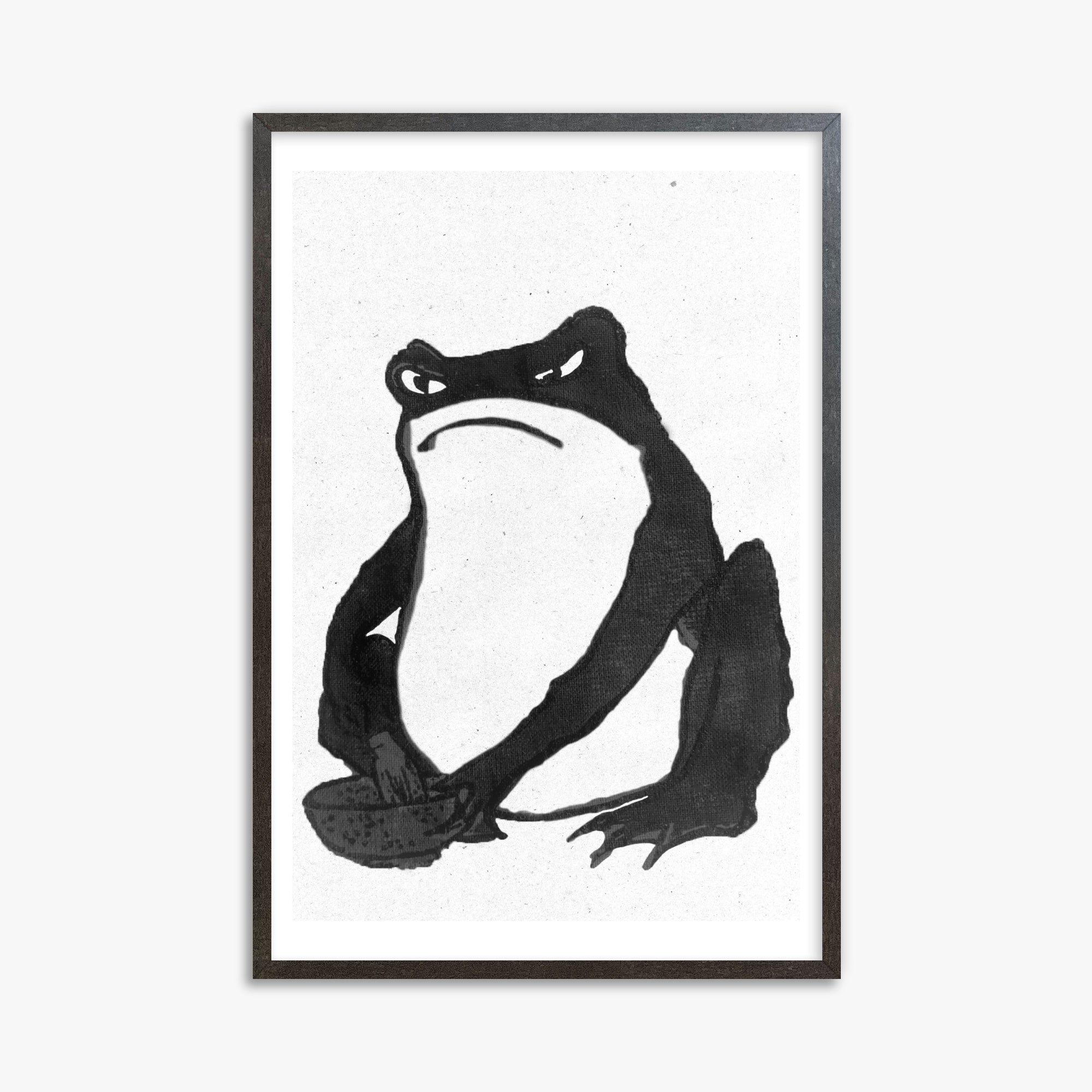 Hiroshige II: Angry frog whisking tea - Monochrome-Style, 61x91cm Framed Art Reproduction With Espresso Frame