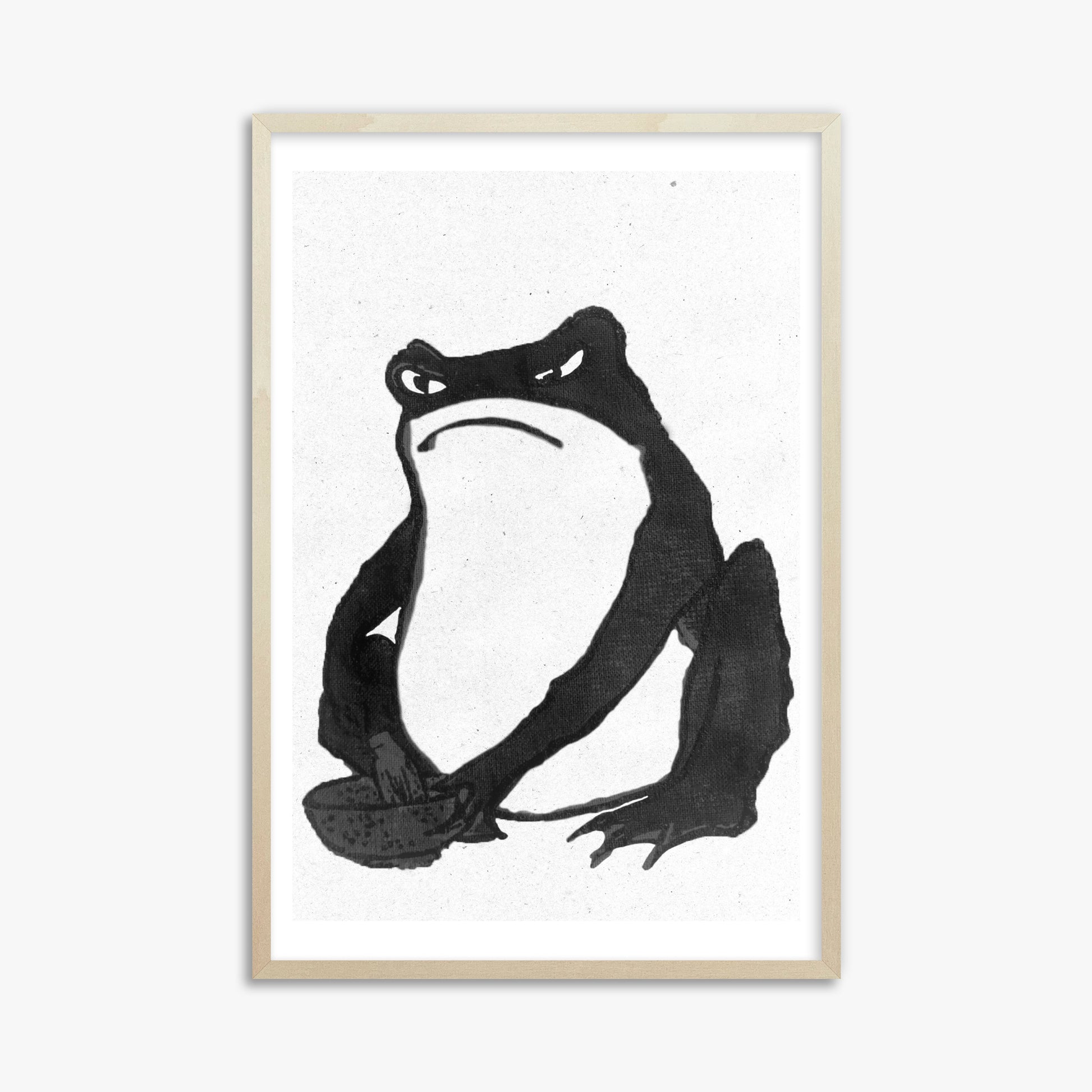 Hiroshige II: Angry frog whisking tea - Monochrome-Style, 61x91cm Framed Art Reproduction With Lime Wood Frame