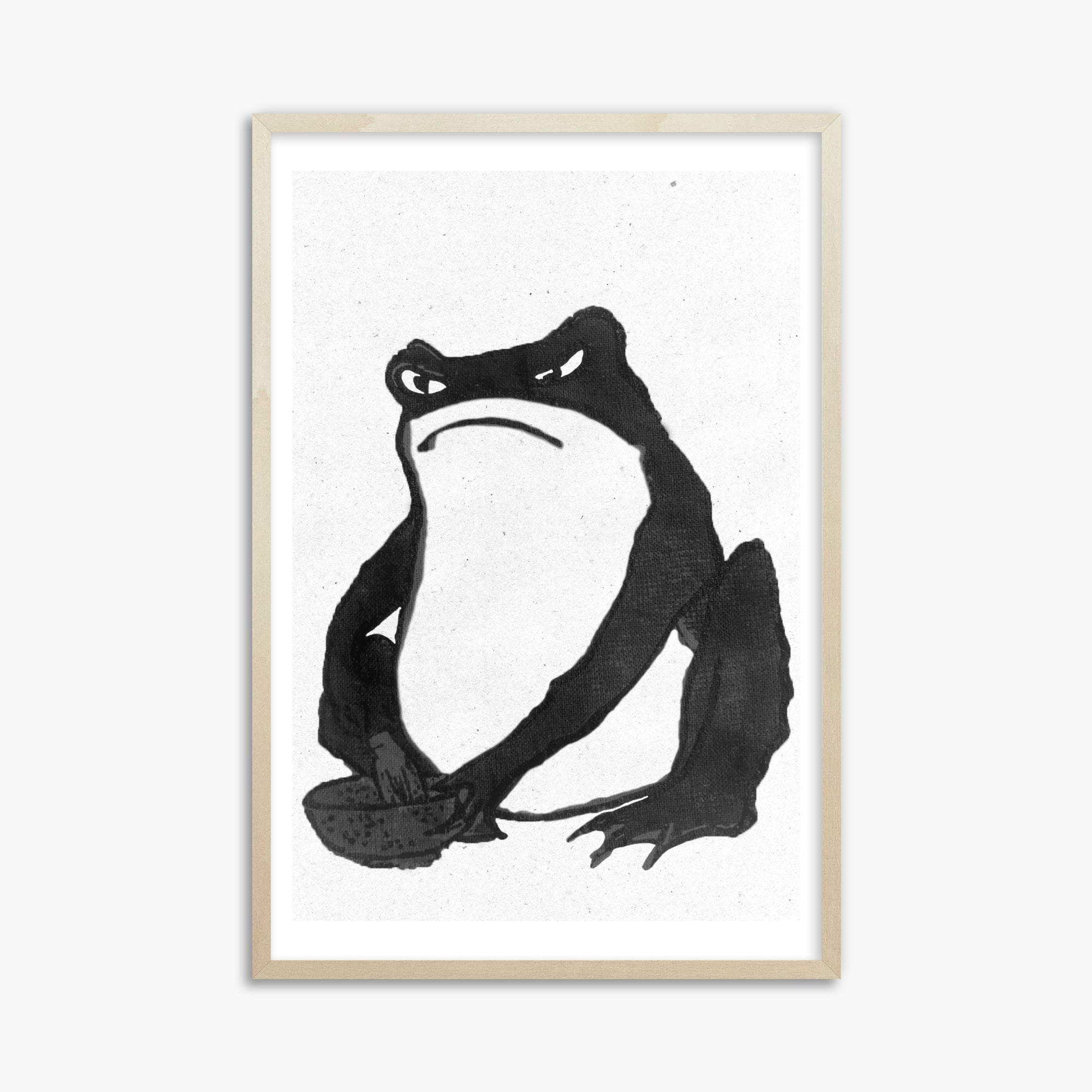 Hiroshige II: Angry frog whisking tea - Monochrome-Style, 61x91cm Framed Art Reproduction With Lime Wood Frame