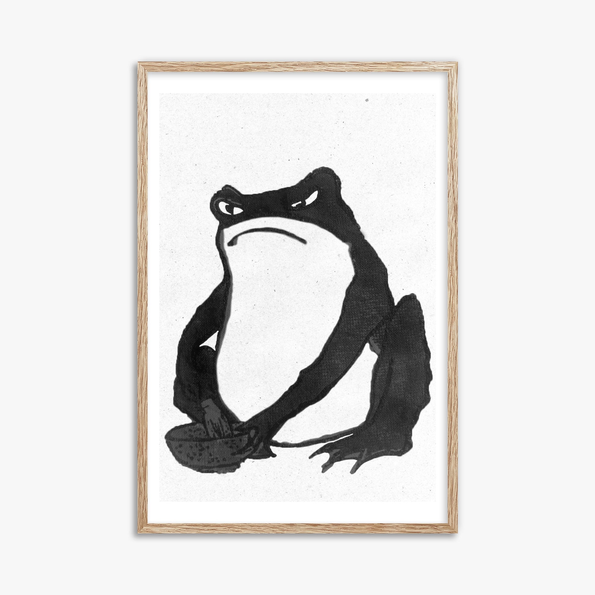 Hiroshige II: Angry frog whisking tea - Monochrome-Style, 61x91cm Framed Art Reproduction With Raw Oak Frame