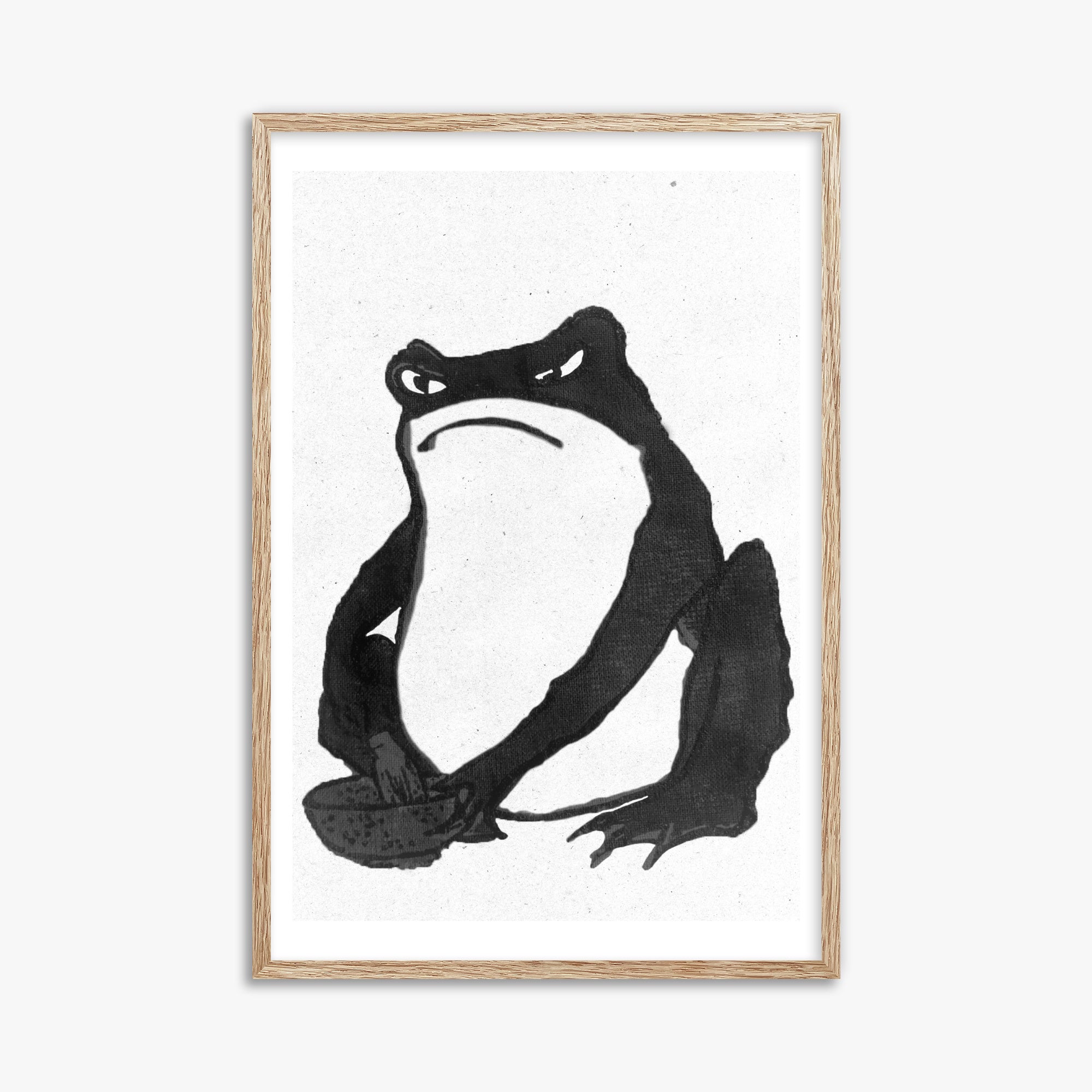 Hiroshige II: Angry frog whisking tea - Monochrome-Style, 61x91cm Framed Art Reproduction With Raw Oak Frame